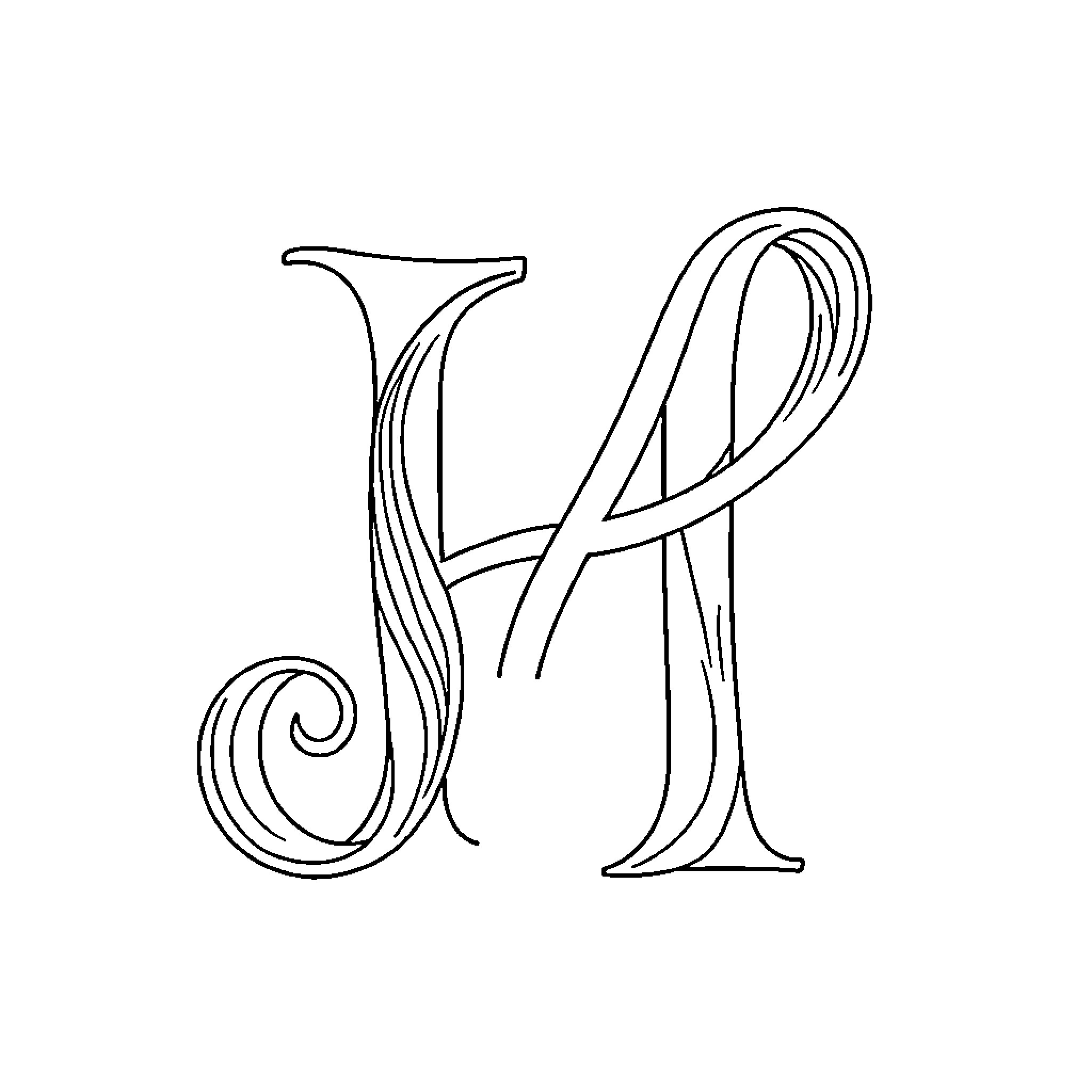 Letter H Featuring Flowing Cursive Design Coloring Page (free black-and-white line drawing printable PDF for all, from beginners to advanced learners, including children, teens, adults, and seniors)