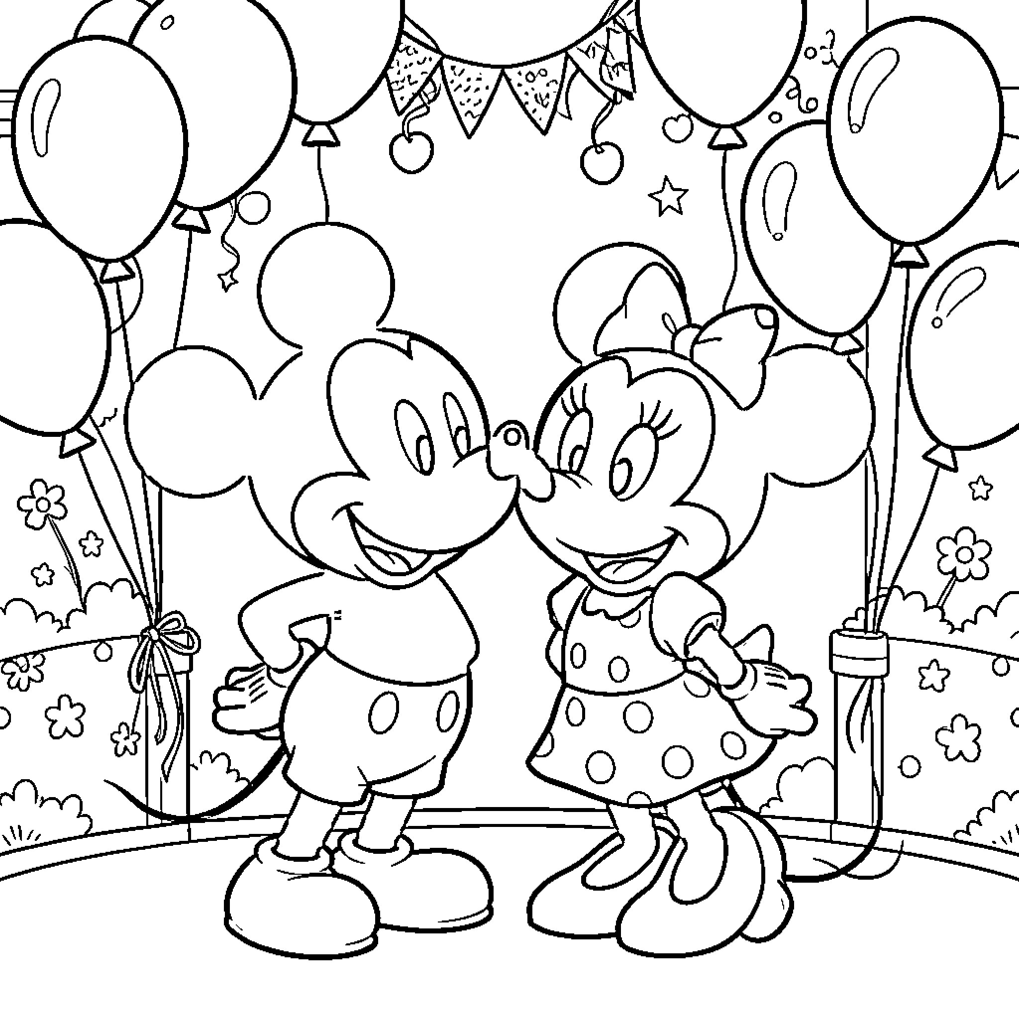 Mickey and Minnie Celebrate with Balloons Coloring Page (free black-and-white line drawing printable PDF for all, from beginners to advanced learners, including children, teens, adults, and seniors)