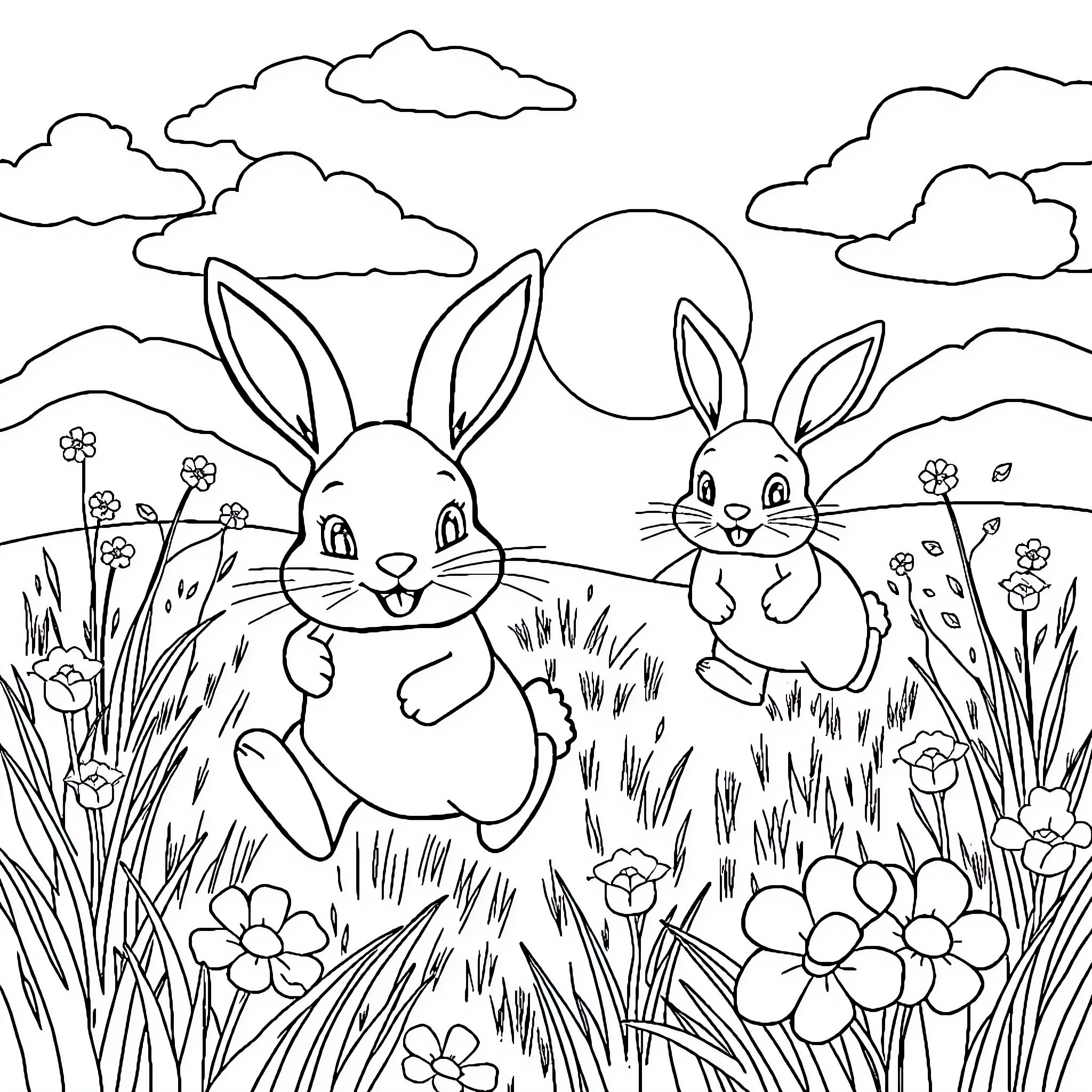 Bunny Rabbits Frolicking in Meadow Coloring Page (free black-and-white line drawing printable PDF for all, from beginners to advanced learners, including children, teens, adults, and seniors)