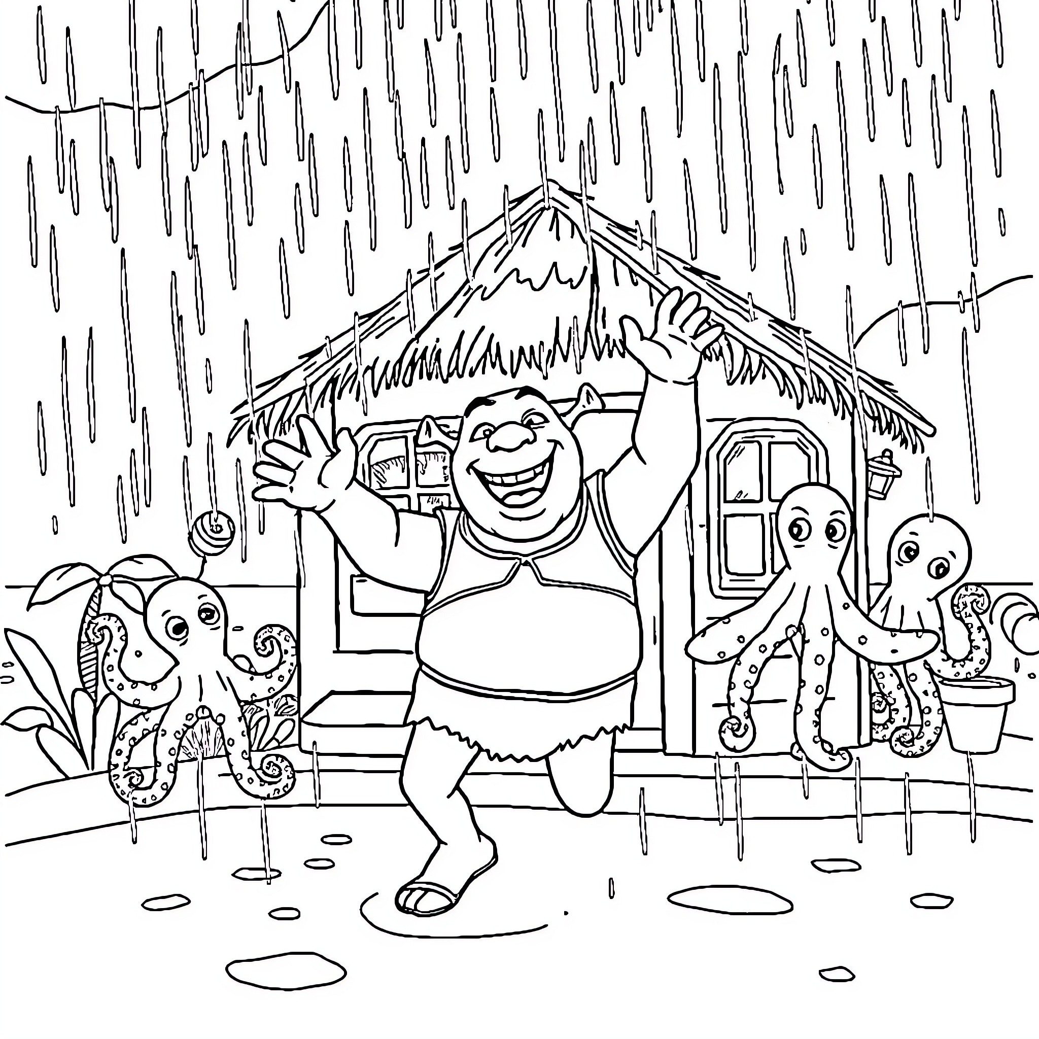Shrek's rainy day dance with friends Coloring Page (free black-and-white line drawing printable PDF for all, from beginners to advanced learners, including children, teens, adults, and seniors)