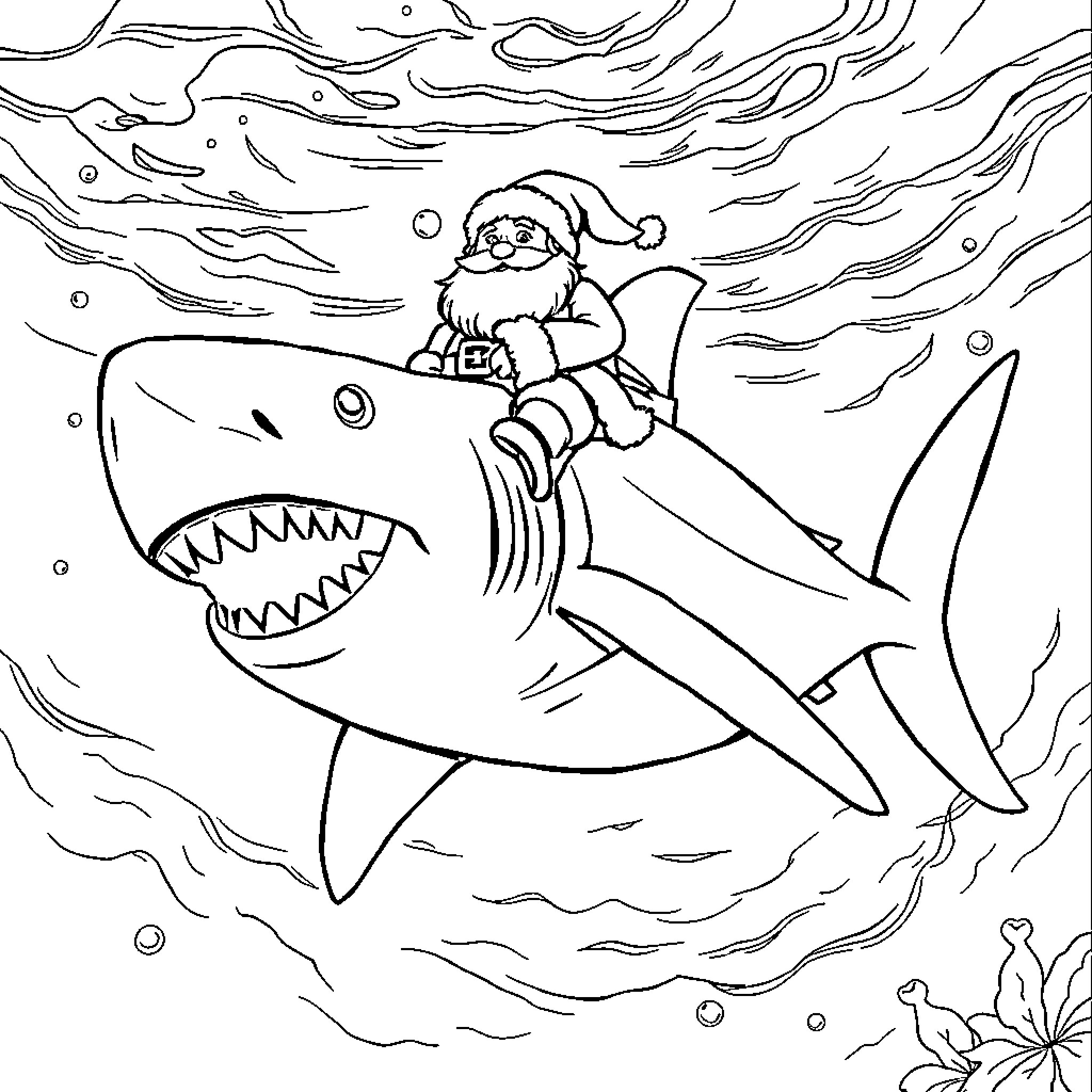 Shark rides with Santa on a thrilling adventure Coloring Page (free black-and-white line drawing printable PDF for all, from beginners to advanced learners, including children, teens, adults, and seniors)
