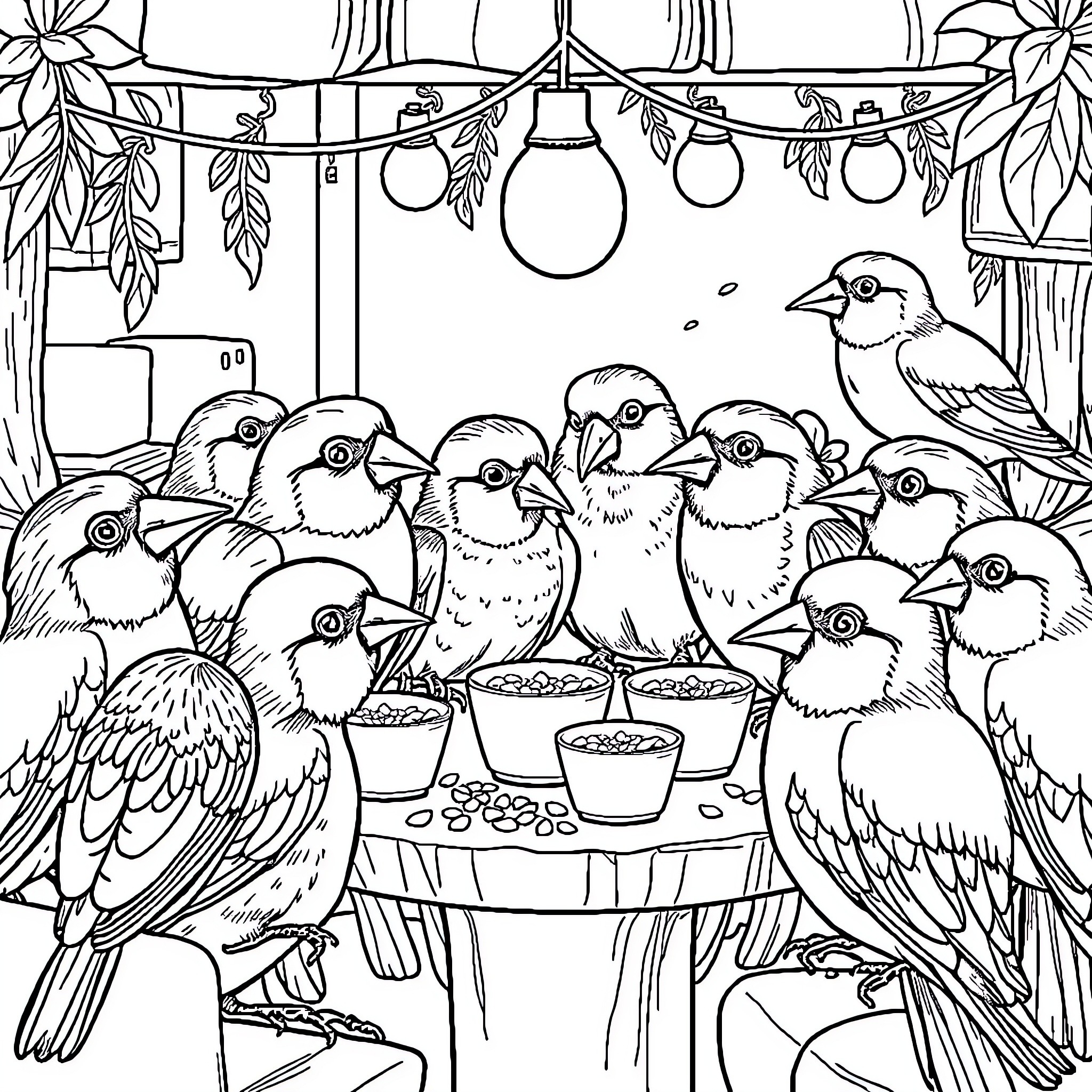 Bird Feeding Time in the Garden Coloring Page (free black-and-white line drawing printable PDF for all, from beginners to advanced learners, including children, teens, adults, and seniors)