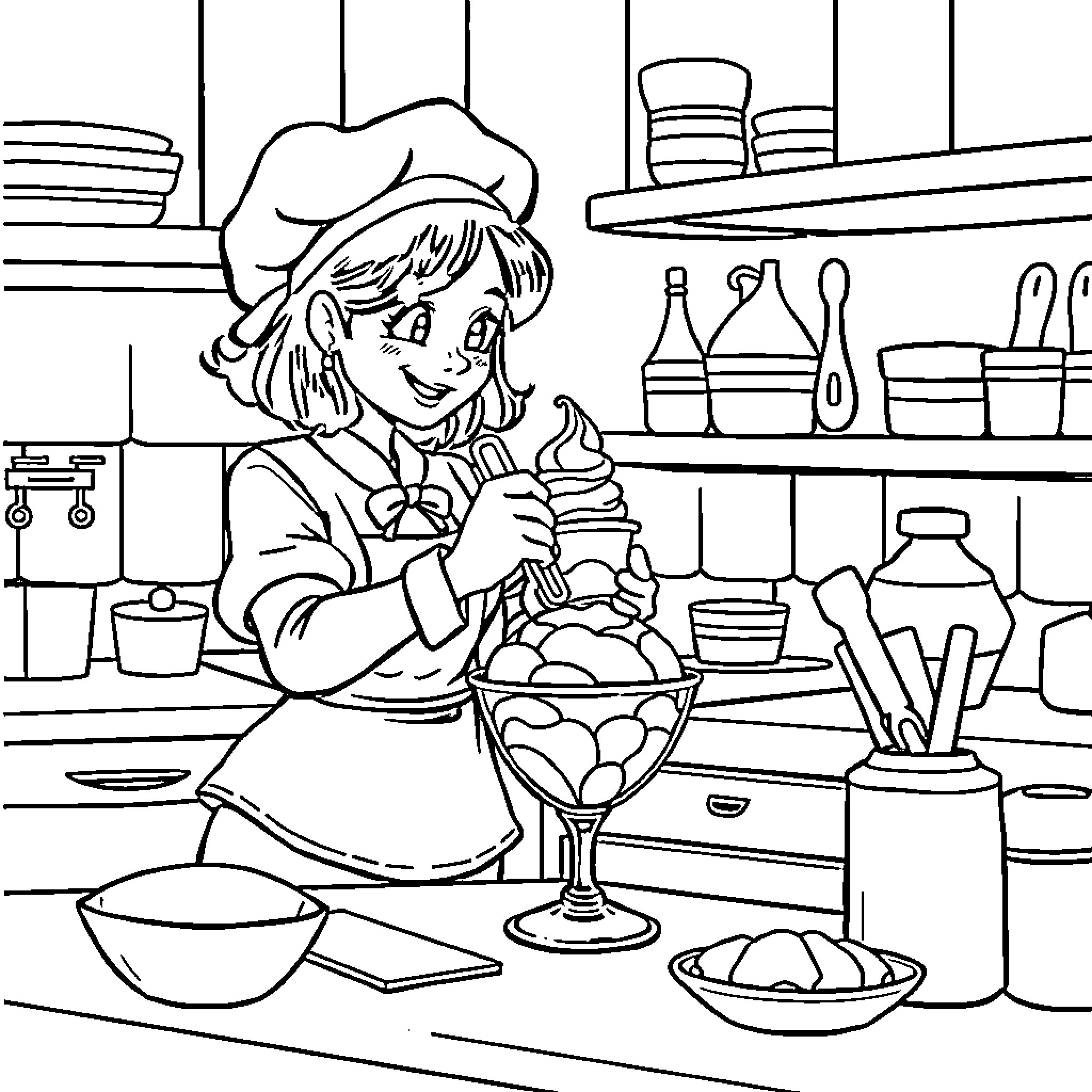 Rumy Cooking Delicious Dessert in the Kitchen Coloring Page (free black-and-white line drawing printable PDF for all, from beginners to advanced learners, including children, teens, adults, and seniors)