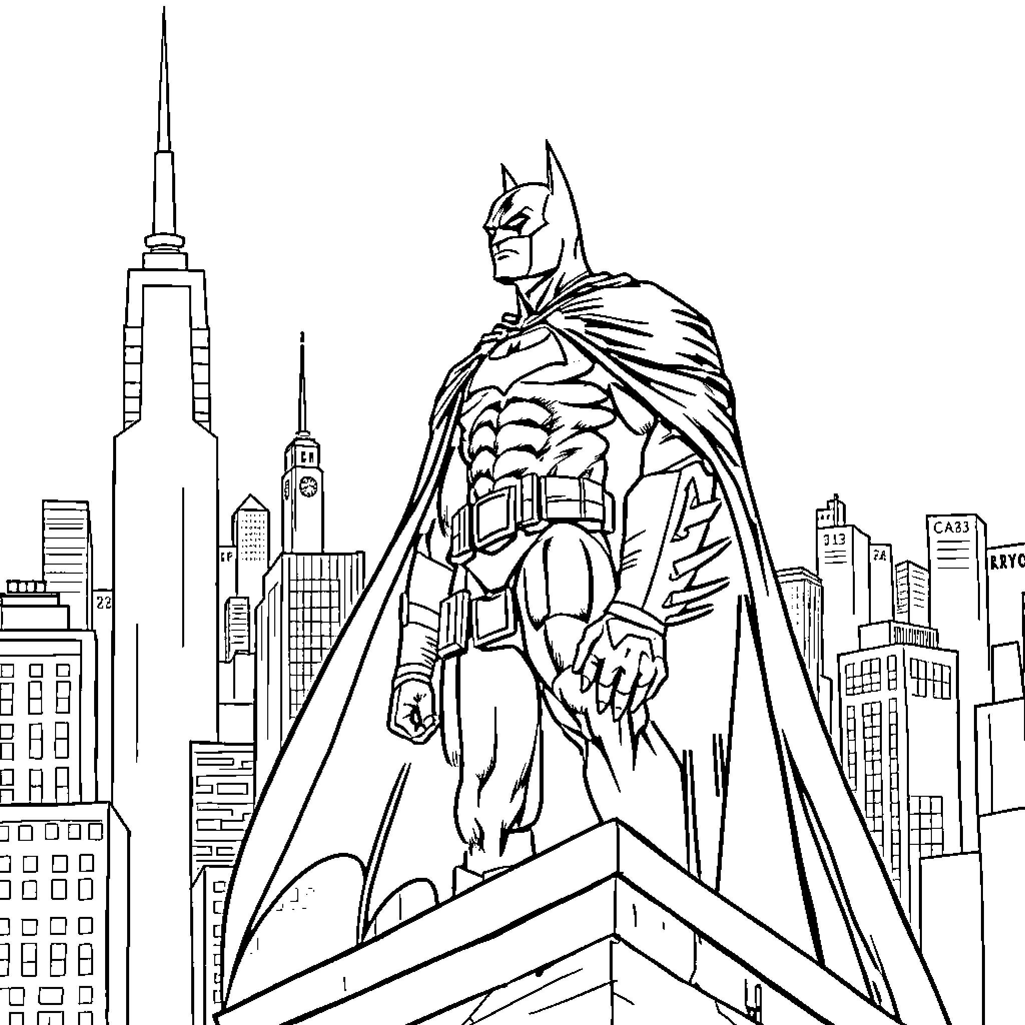 Batman overlooking the city skyline Coloring Page (free black-and-white line drawing printable PDF for all, from beginners to advanced learners, including children, teens, adults, and seniors)