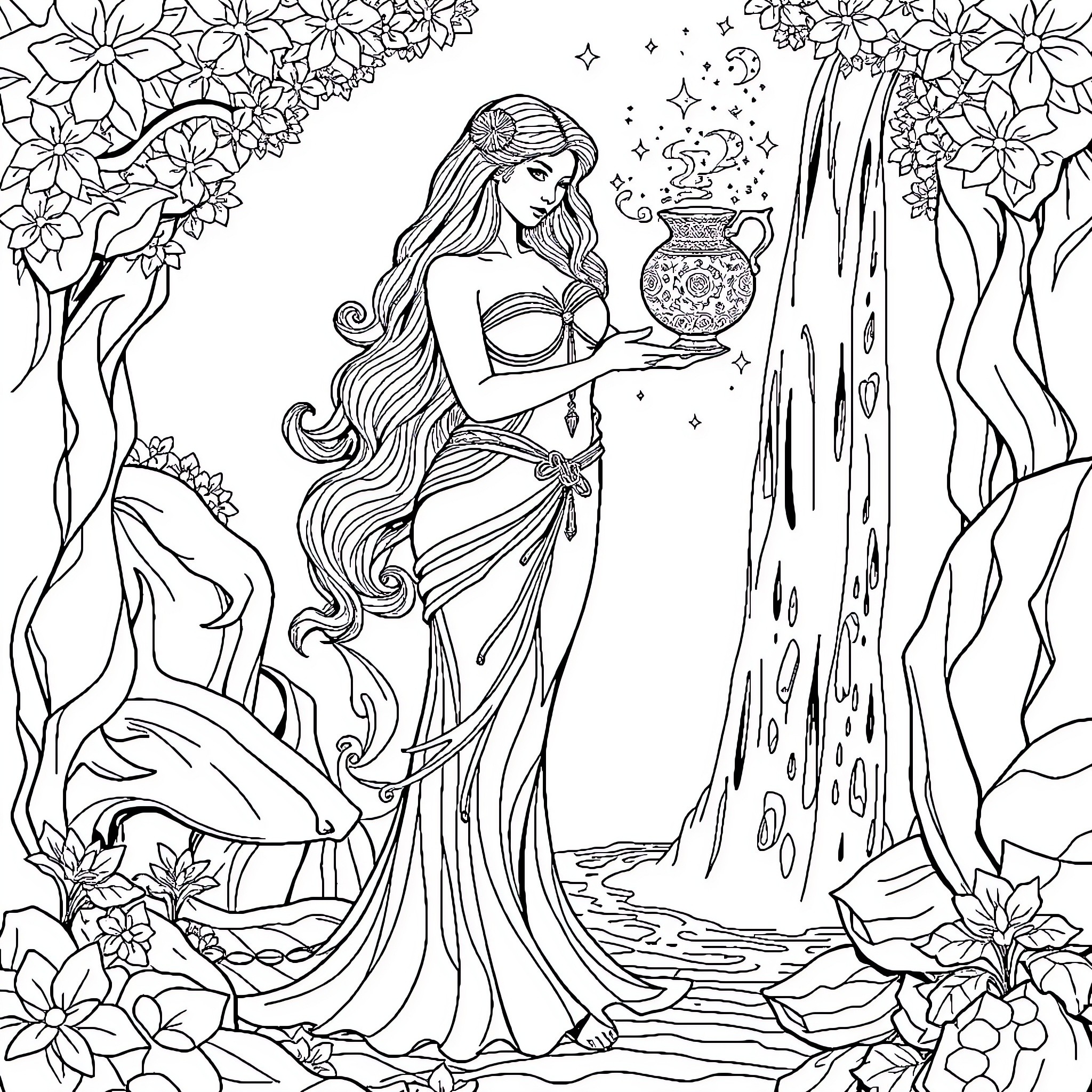 Aquarius: Mystical Goddess in Enchanted Garden Coloring Page (free black-and-white line drawing printable PDF for all, from beginners to advanced learners, including children, teens, adults, and seniors)