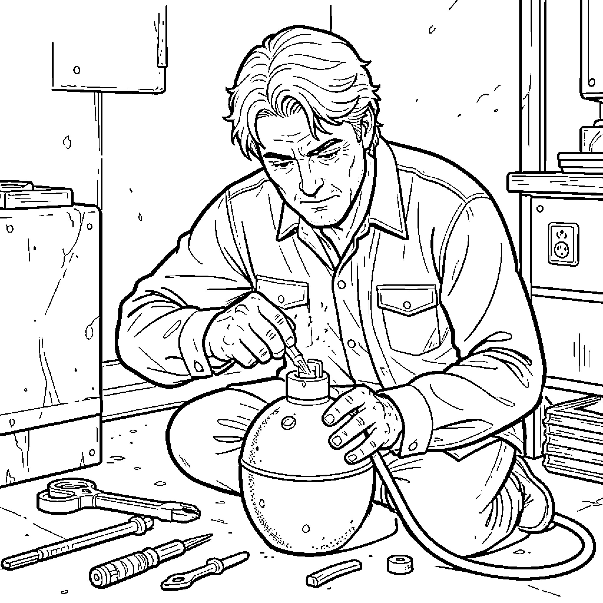 MacGyver focused on repairing mechanical equipment Coloring Page (free black-and-white line drawing printable PDF for all, from beginners to advanced learners, including children, teens, adults, and seniors)
