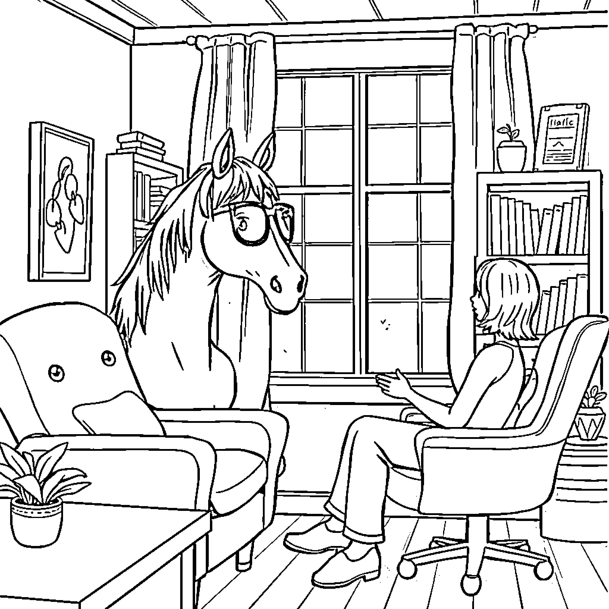 Horse keeping company with a person in a room Coloring Page (free black-and-white line drawing printable PDF for all, from beginners to advanced learners, including children, teens, adults, and seniors)