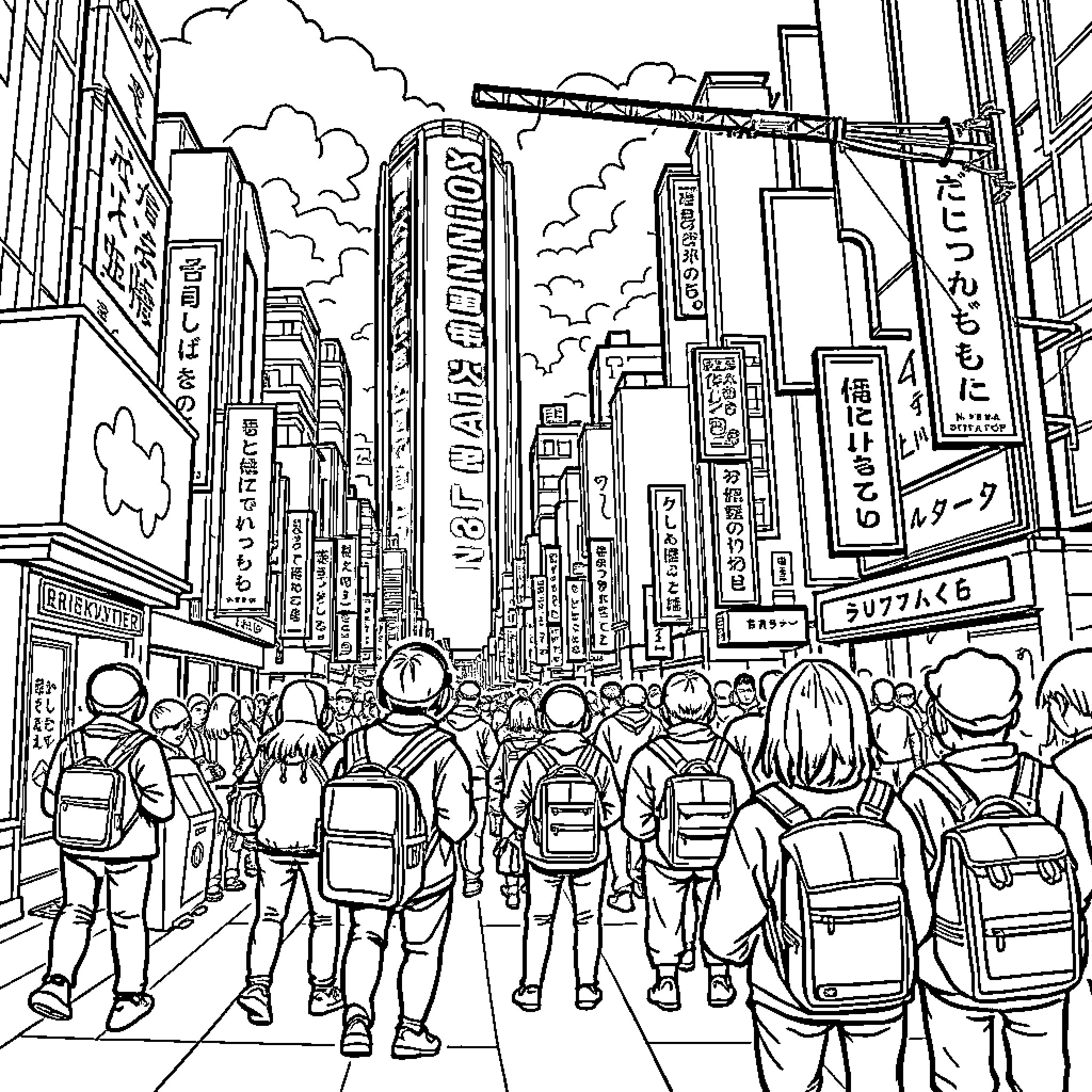 Kpop Fans Gather in Vibrant City Scene Coloring Page (free black-and-white line drawing printable PDF for all, from beginners to advanced learners, including children, teens, adults, and seniors)