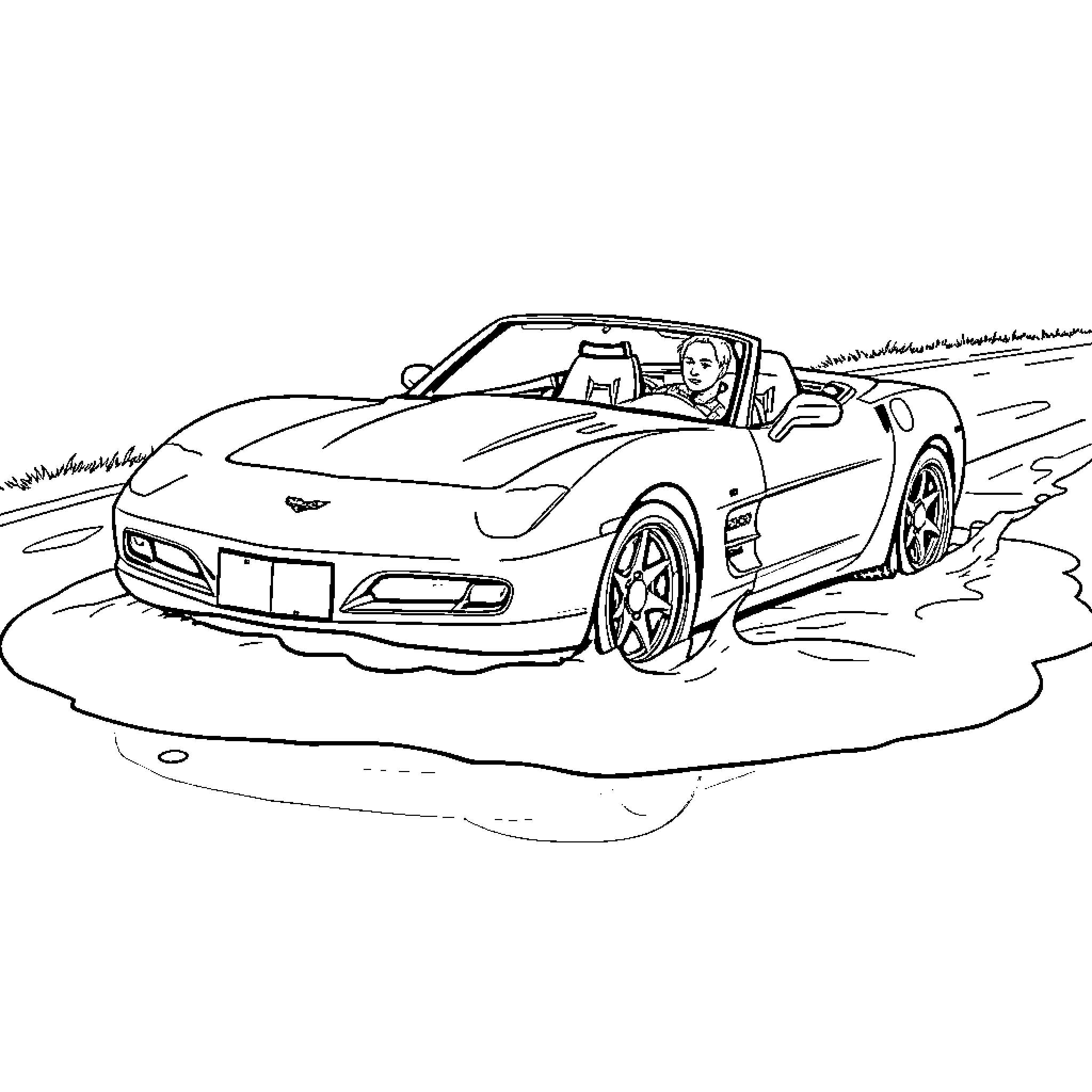 Corvette Speeding Through the Countryside Coloring Page (free black-and-white line drawing printable PDF for all, from beginners to advanced learners, including children, teens, adults, and seniors)