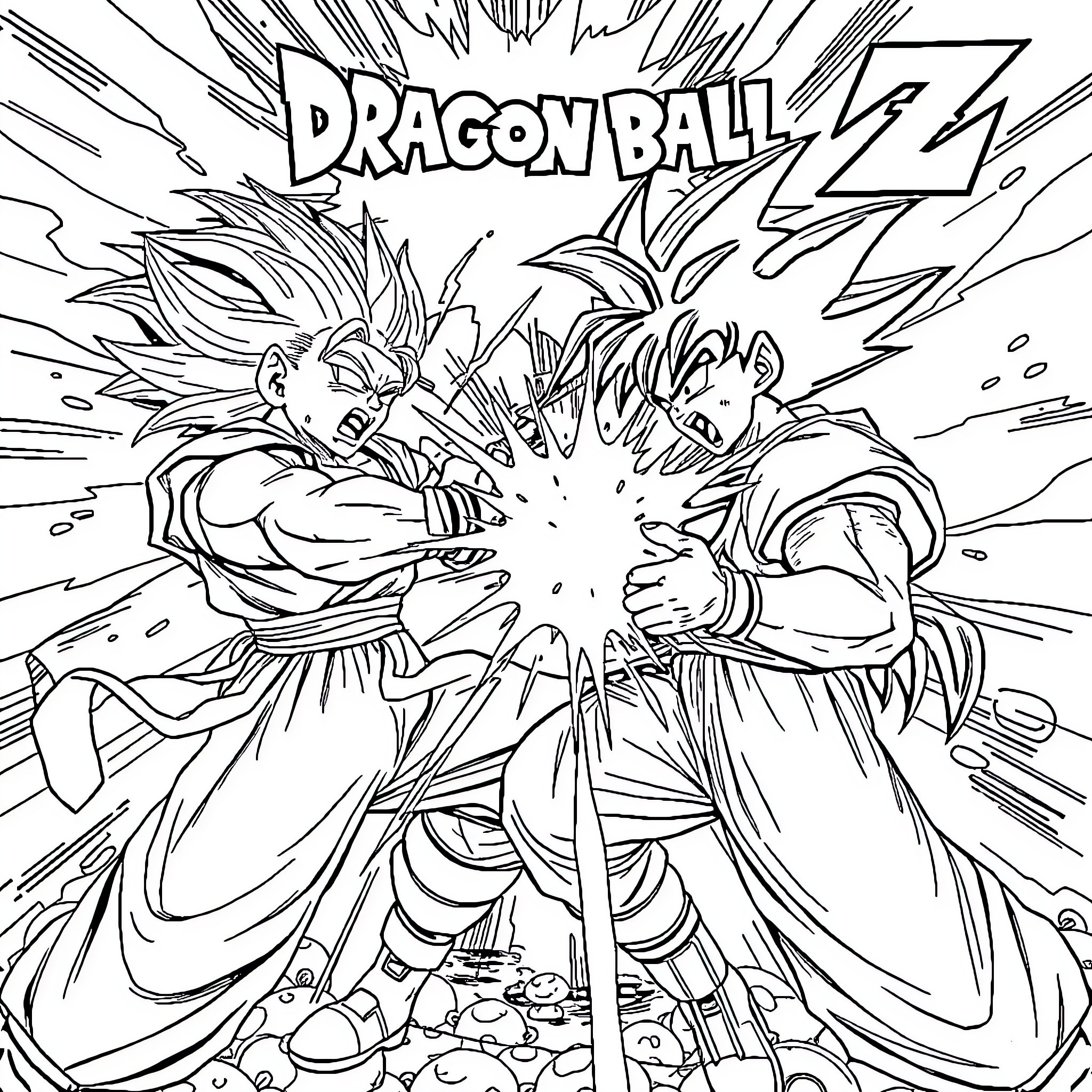 Dragon Ball Z: Intense Martial Arts Clash Coloring Page (free black-and-white line drawing printable PDF for all, from beginners to advanced learners, including children, teens, adults, and seniors)