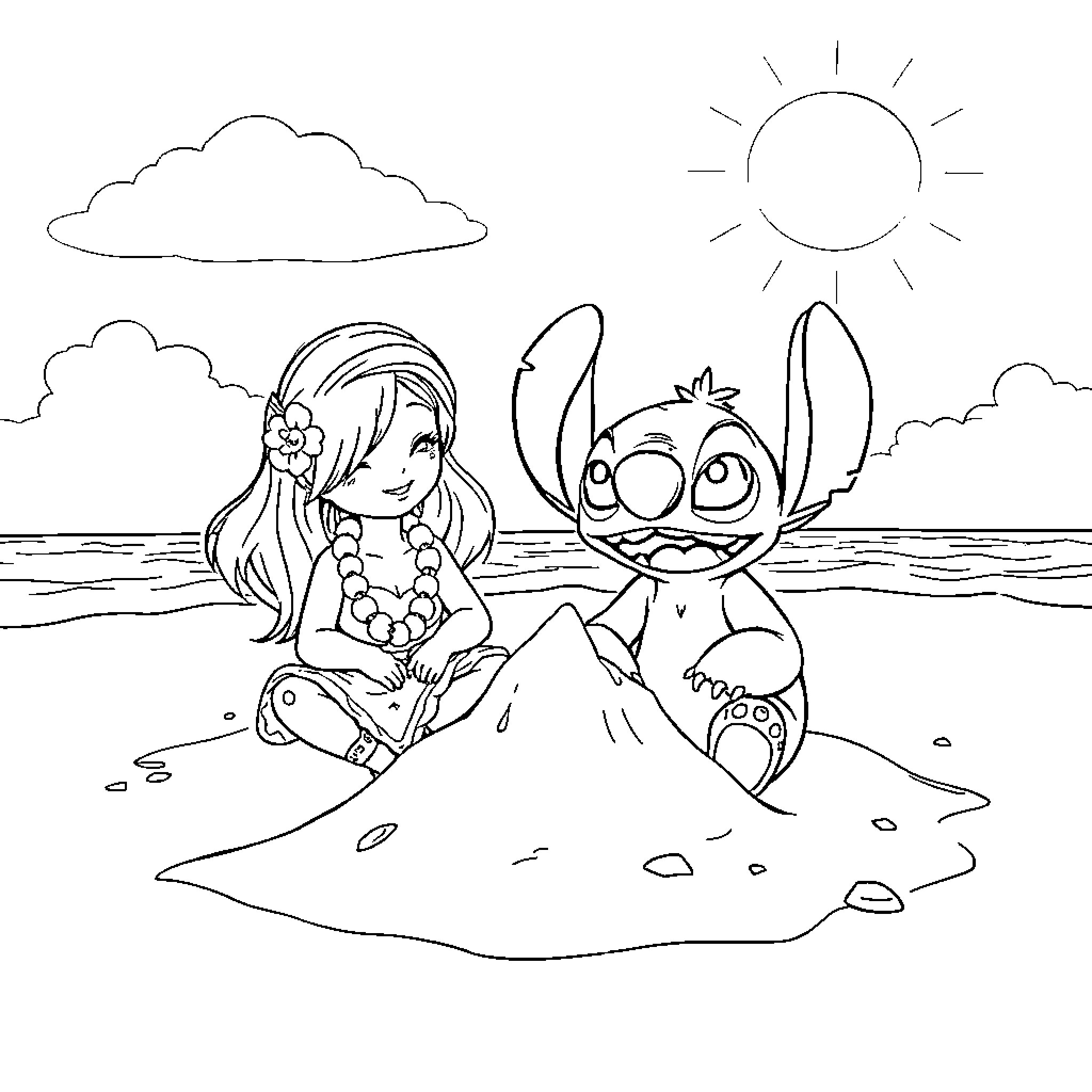 Lilo and Stitch playing on the beach Coloring Page (free black-and-white line drawing printable PDF for all, from beginners to advanced learners, including children, teens, adults, and seniors)