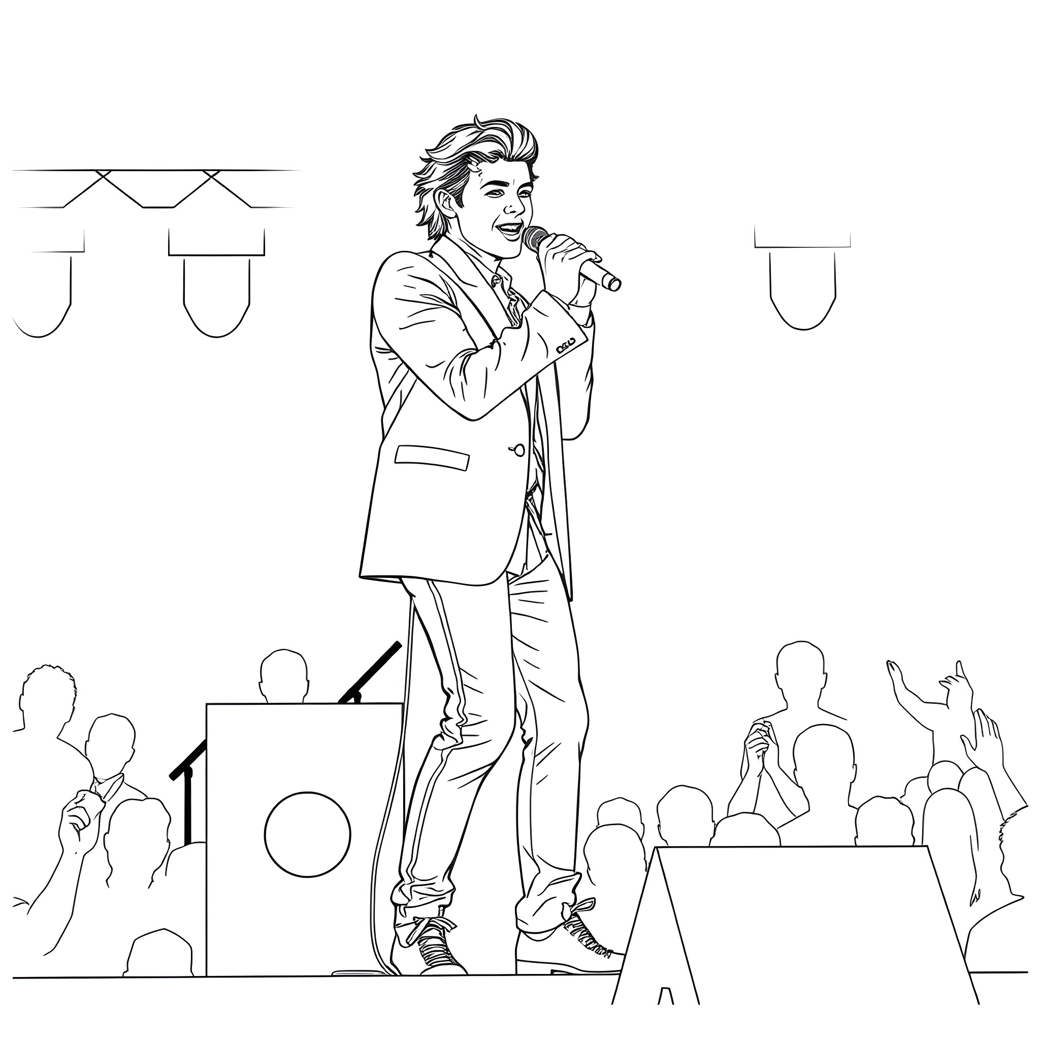 Harry Styles performing energetically on stage Coloring Page (free black-and-white line drawing printable PDF for all, from beginners to advanced learners, including children, teens, adults, and seniors)