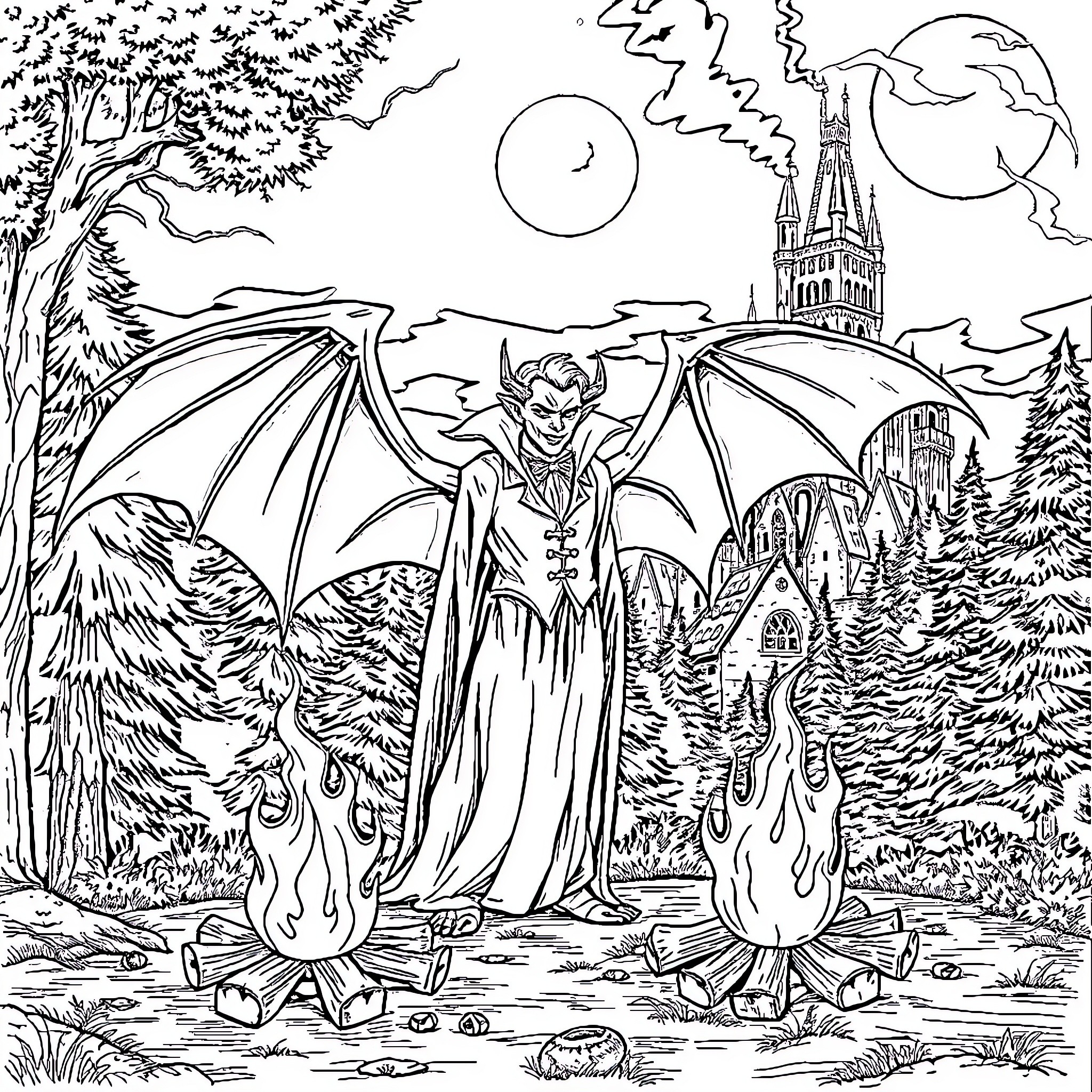 Vampire summons flames in a spooky forest landscape Coloring Page (free black-and-white line drawing printable PDF for all, from beginners to advanced learners, including children, teens, adults, and seniors)