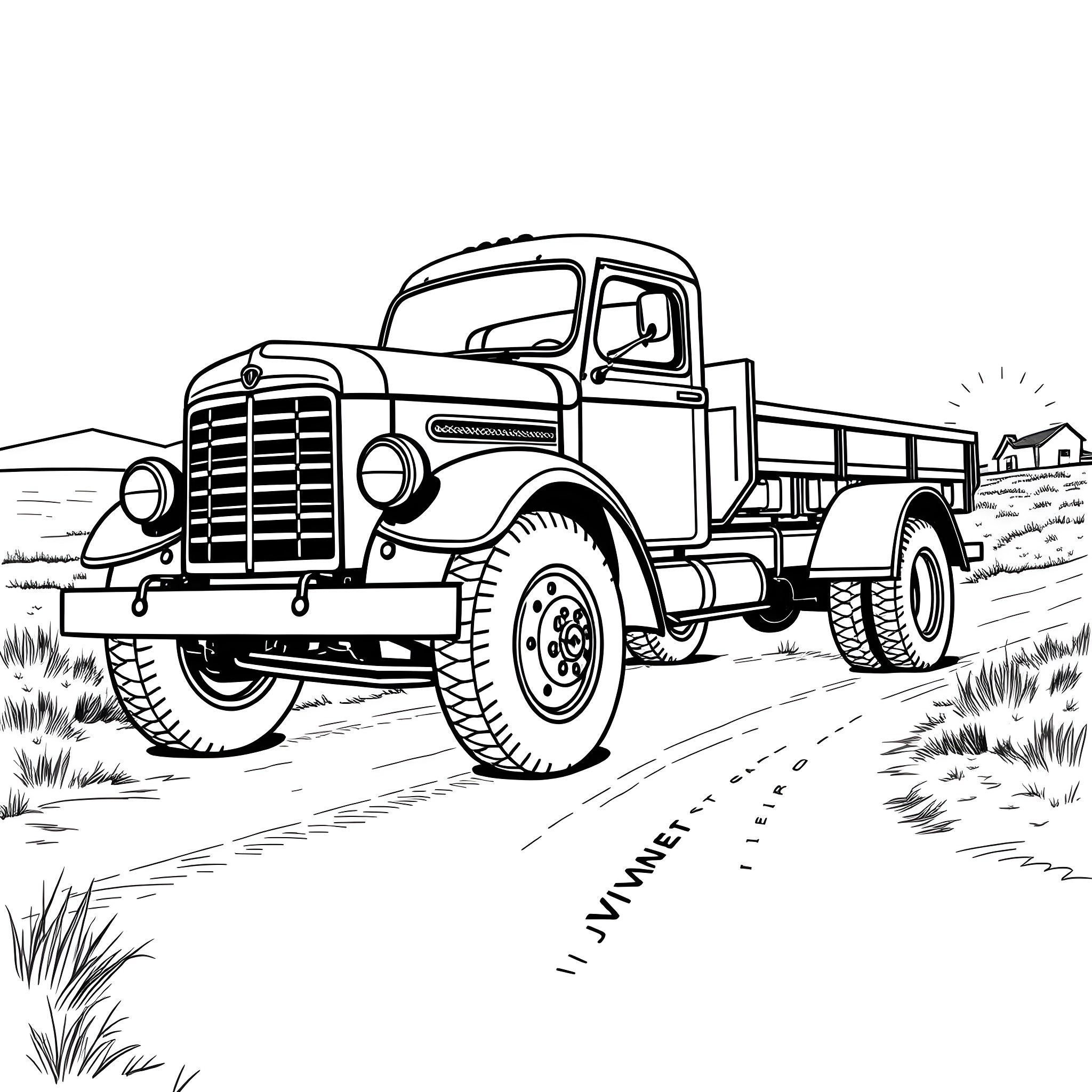 Truck with Rugged Wheels Traversing Country Landscape Coloring Page (free black-and-white line drawing printable PDF for all, from beginners to advanced learners, including children, teens, adults, and seniors)