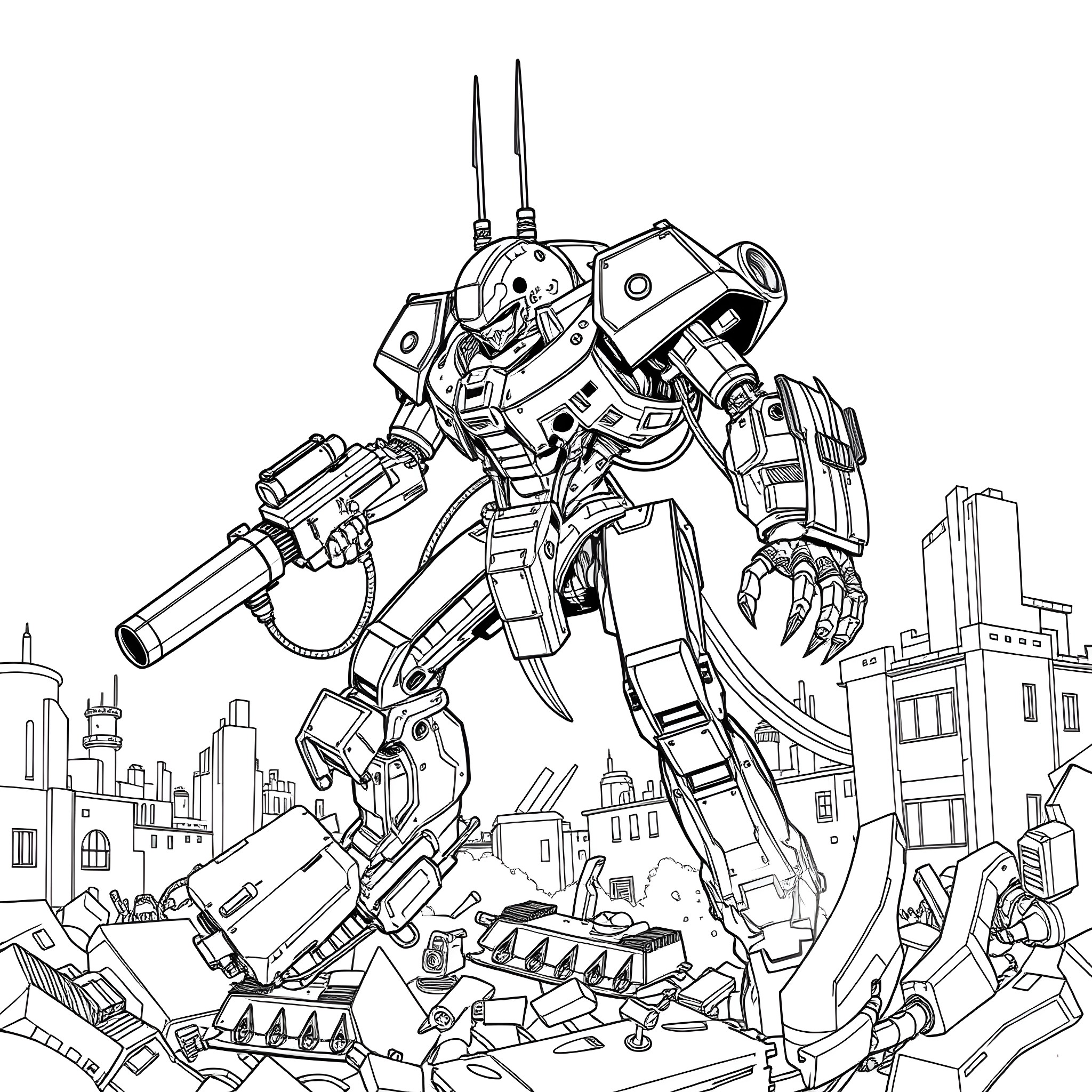 Nemesis: Towering Mech Dominates Dystopian Cityscape Coloring Page (free black-and-white line drawing printable PDF for all, from beginners to advanced learners, including children, teens, adults, and seniors)