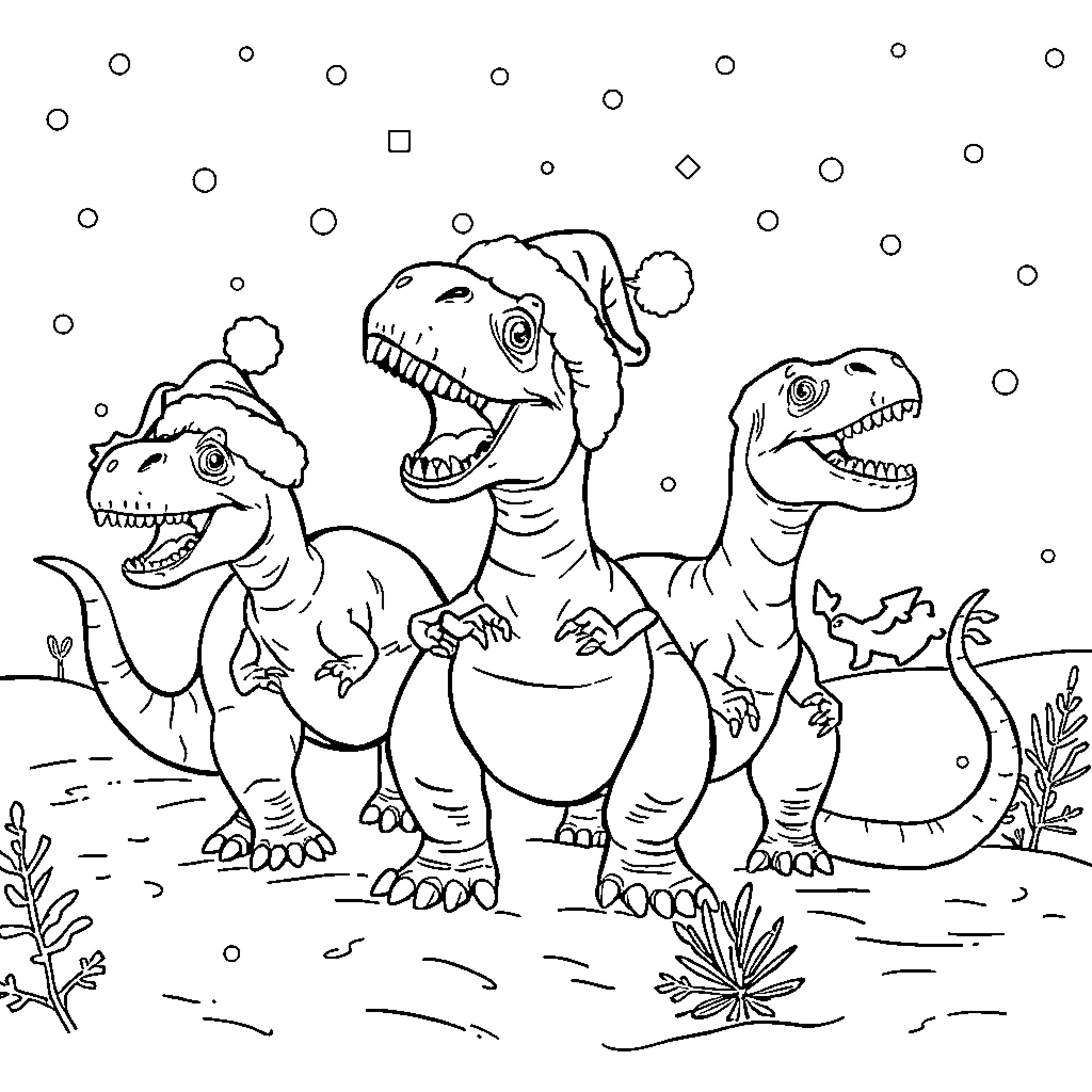 Dino friends exploring the prehistoric landscape Coloring Page (free black-and-white line drawing printable PDF for all, from beginners to advanced learners, including children, teens, adults, and seniors)