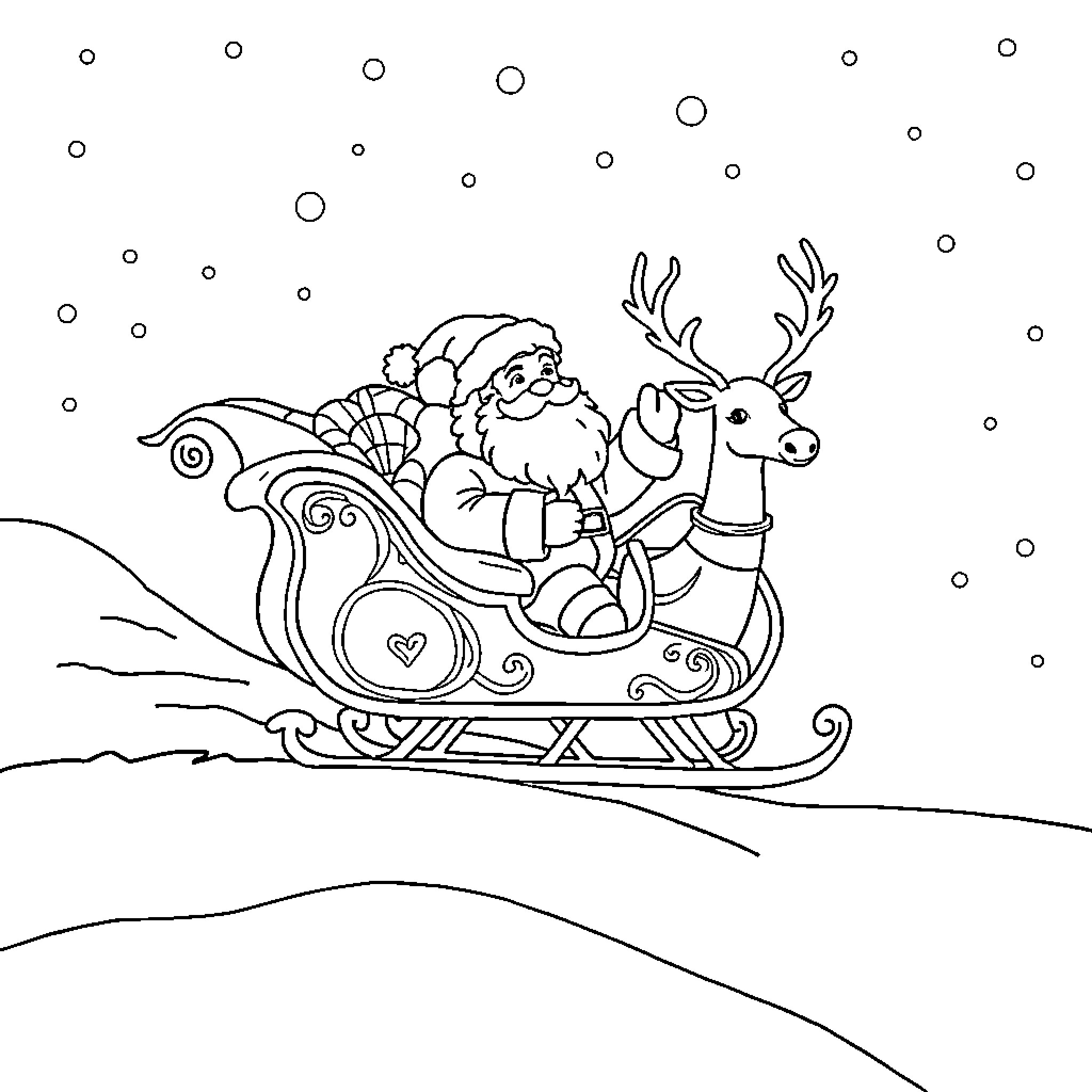 Santa Claus riding his sleigh with reindeer Coloring Page (free black-and-white line drawing printable PDF for all, from beginners to advanced learners, including children, teens, adults, and seniors)