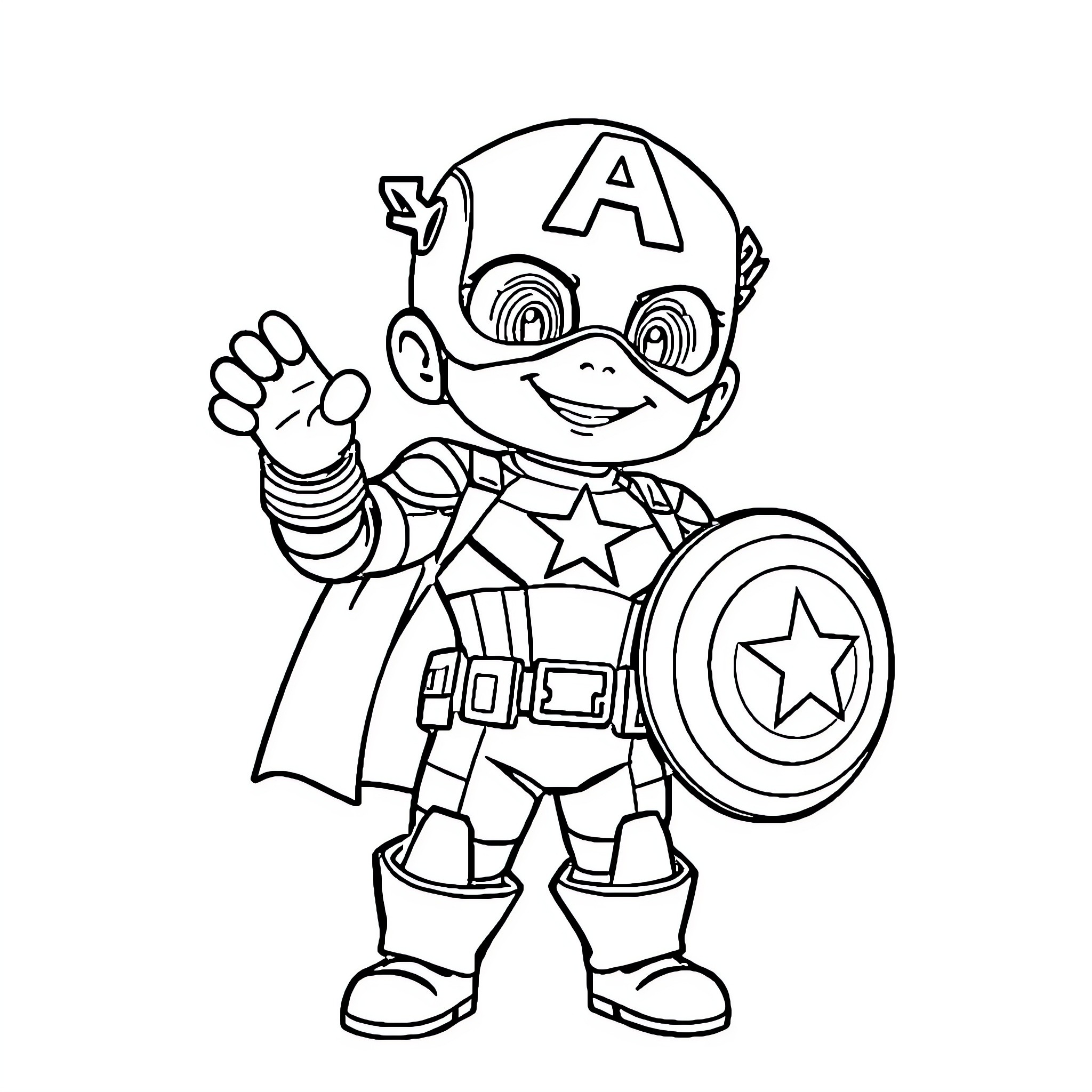 Captain America Waving with Shield and Costume Coloring Page (free black-and-white line drawing printable PDF for all, from beginners to advanced learners, including children, teens, adults, and seniors)