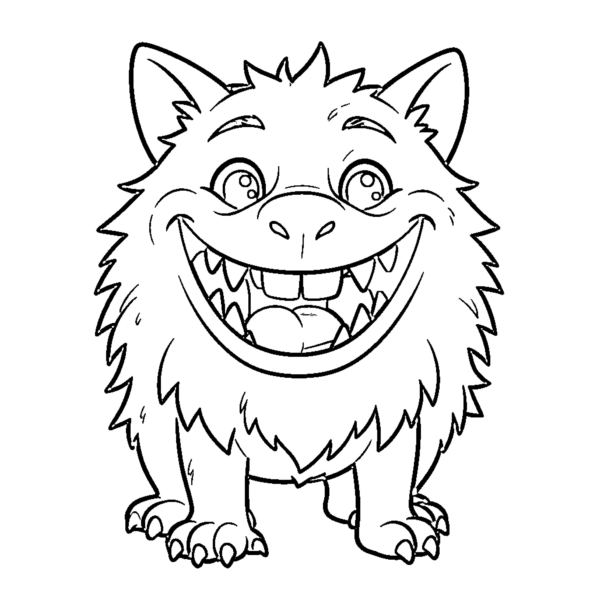 Monster smiling widely with a joyful expression Coloring Page (free black-and-white line drawing printable PDF for all, from beginners to advanced learners, including children, teens, adults, and seniors)