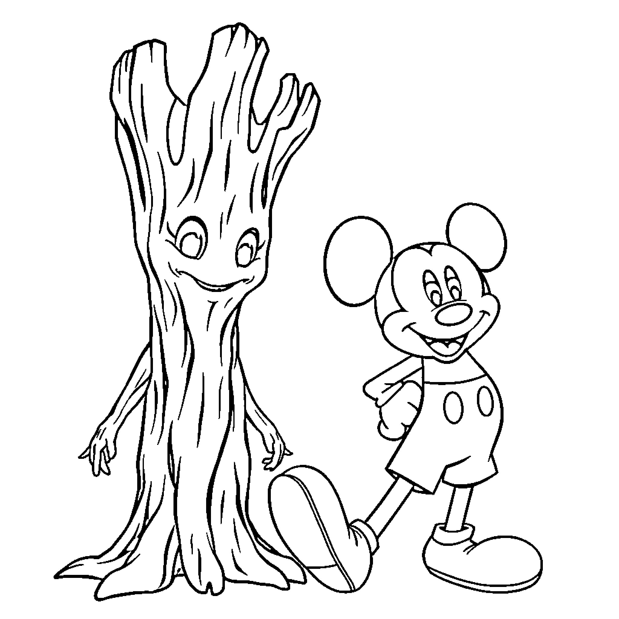 Groot and cheerful Mickey Mouse in the woods Coloring Page (free black-and-white line drawing printable PDF for all, from beginners to advanced learners, including children, teens, adults, and seniors)
