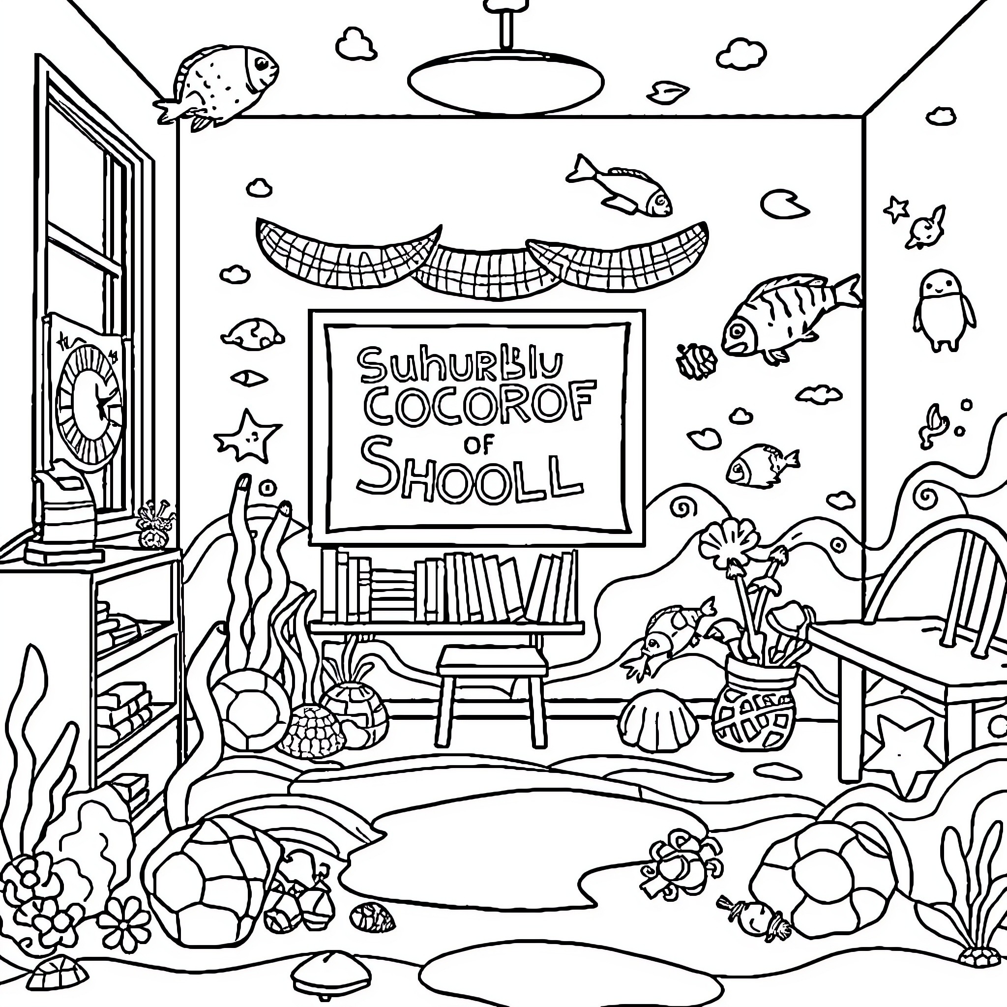 School Scenes with Aquatic Life and Decor Coloring Page (free black-and-white line drawing printable PDF for all, from beginners to advanced learners, including children, teens, adults, and seniors)