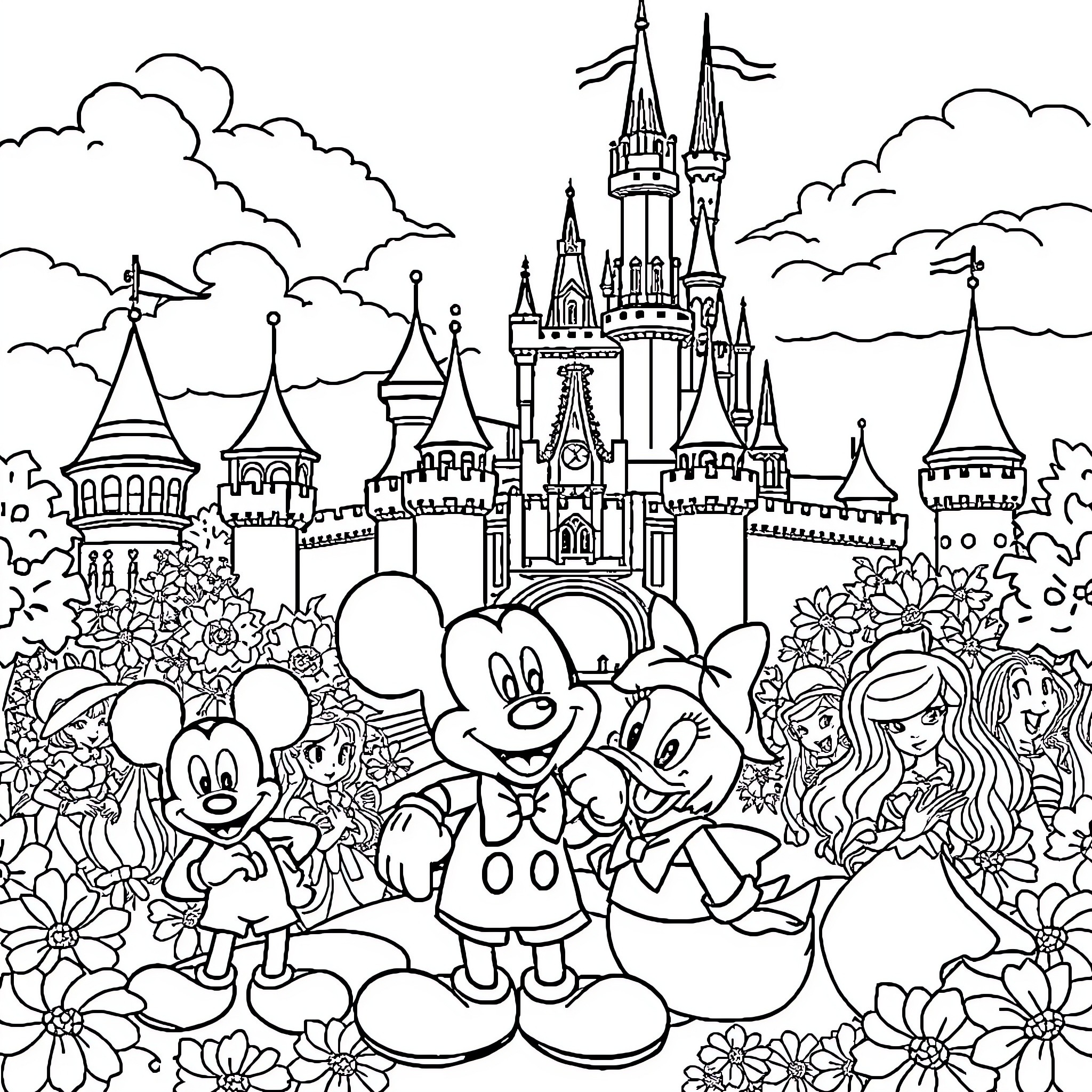 Disney characters in enchanting castle landscape Coloring Page (free black-and-white line drawing printable PDF for all, from beginners to advanced learners, including children, teens, adults, and seniors)
