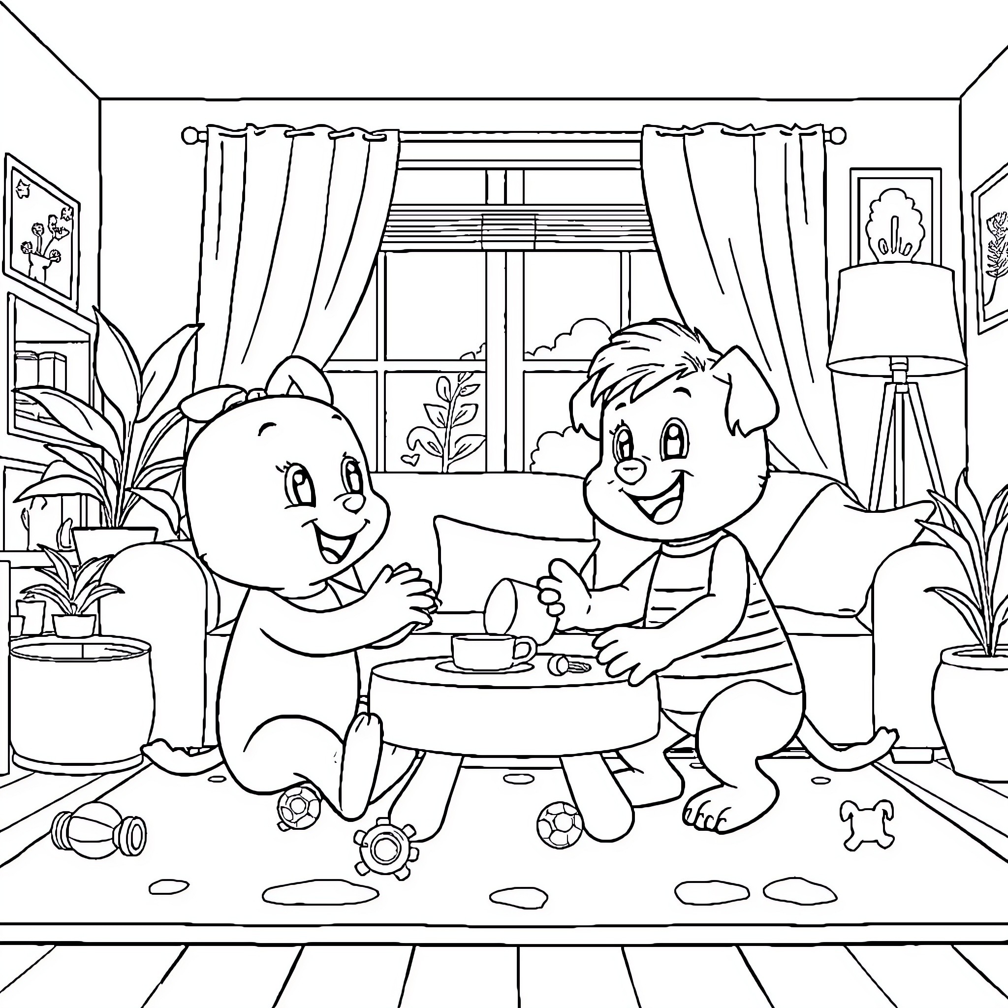Child friends having fun at home Coloring Page (free black-and-white line drawing printable PDF for all, from beginners to advanced learners, including children, teens, adults, and seniors)