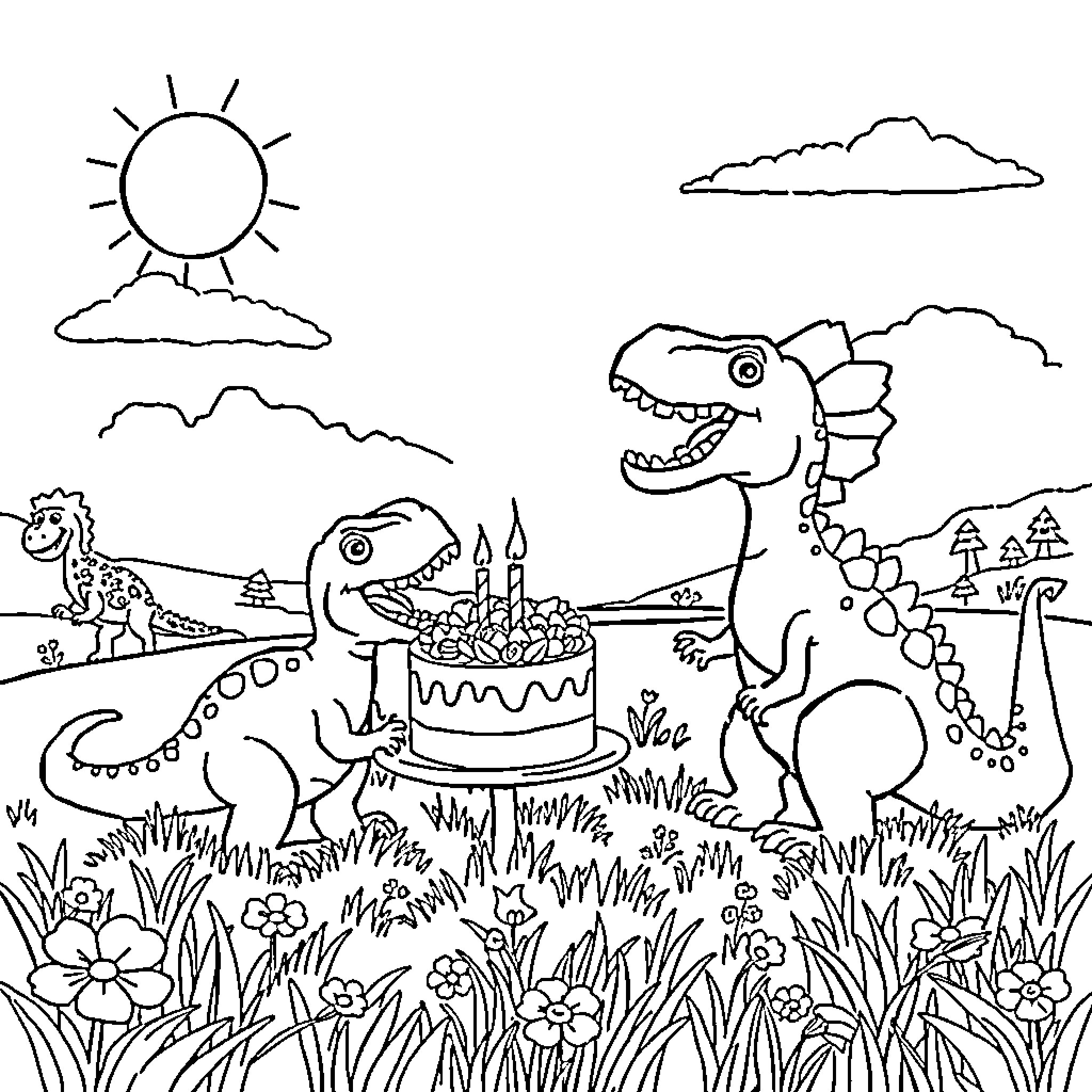 Dinosaurs celebrating a birthday in the wilderness Coloring Page (free black-and-white line drawing printable PDF for all, from beginners to advanced learners, including children, teens, adults, and seniors)