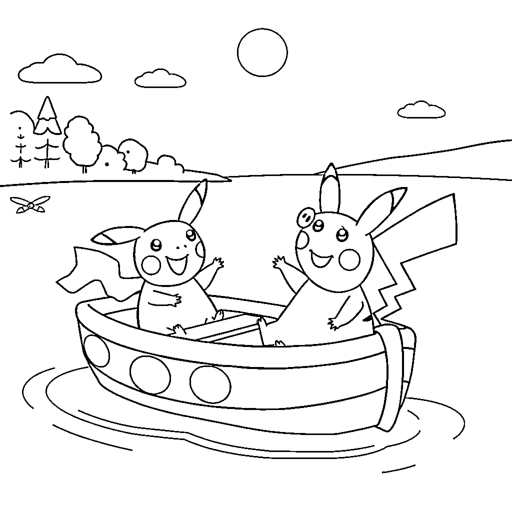 Pikachu friends enjoying a boat ride in nature Coloring Page (free black-and-white line drawing printable PDF for all, from beginners to advanced learners, including children, teens, adults, and seniors)