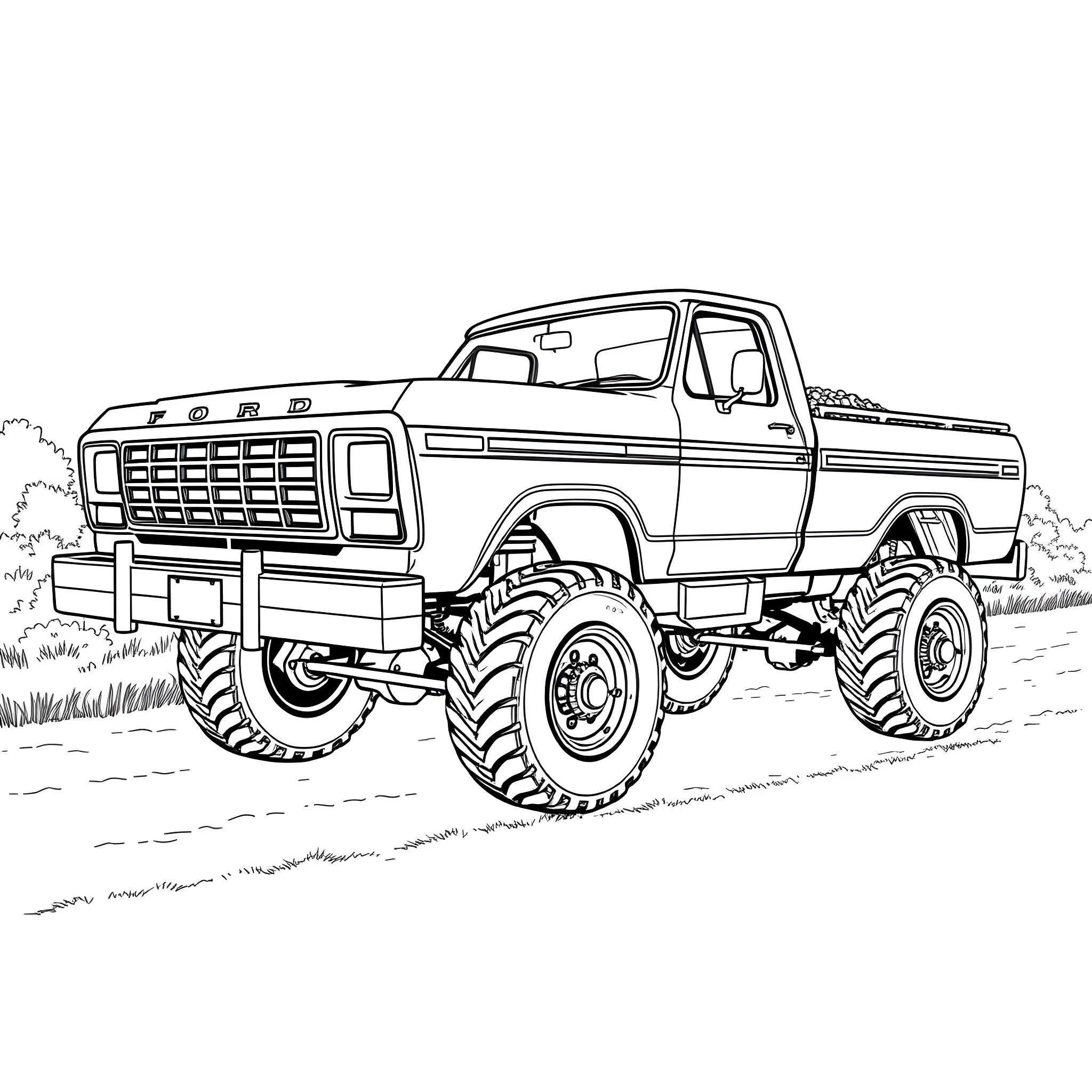 Ford Pickup Truck Exploring the Outdoors Coloring Page (free black-and-white line drawing printable PDF for all, from beginners to advanced learners, including children, teens, adults, and seniors)