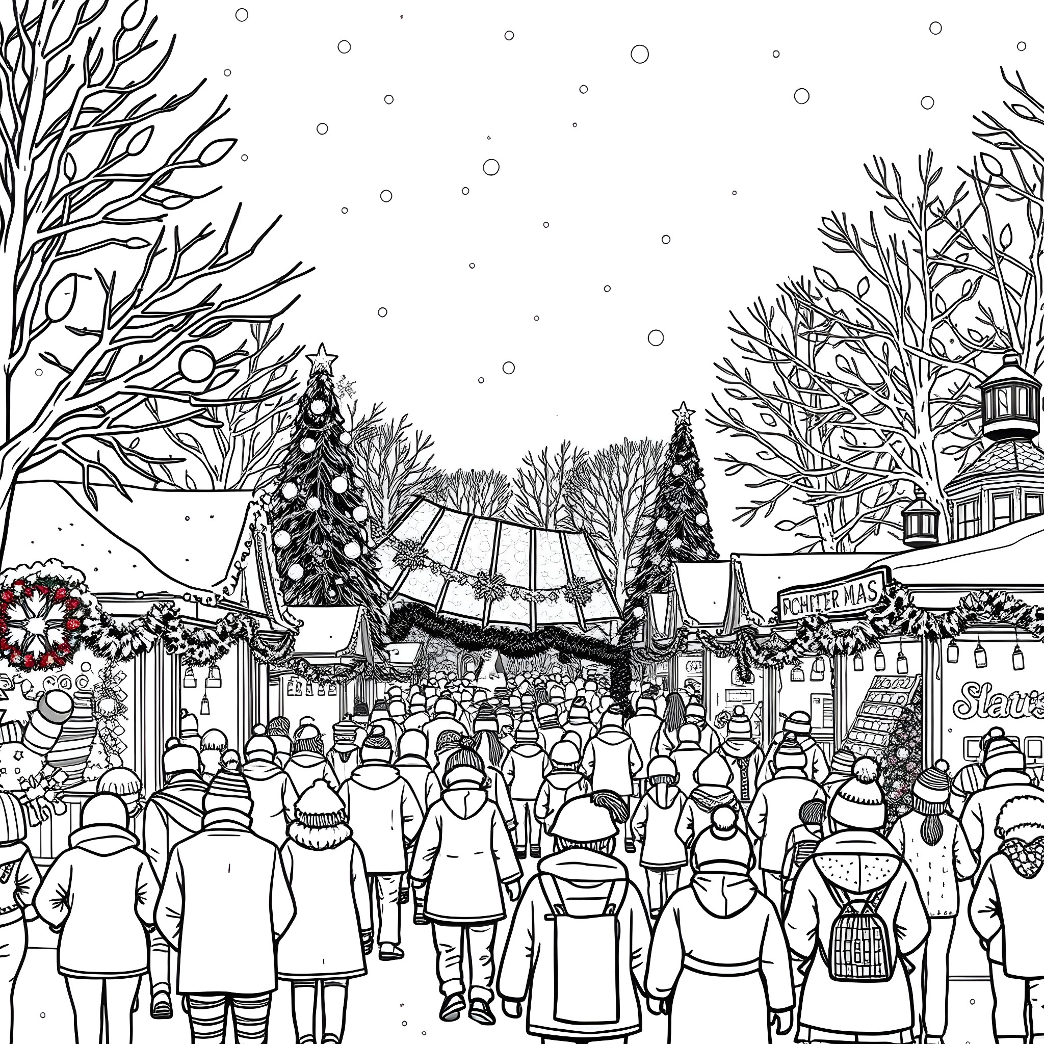 Christmas Celebration in a Festive Winter Wonderland Coloring Page (free black-and-white line drawing printable PDF for all, from beginners to advanced learners, including children, teens, adults, and seniors)