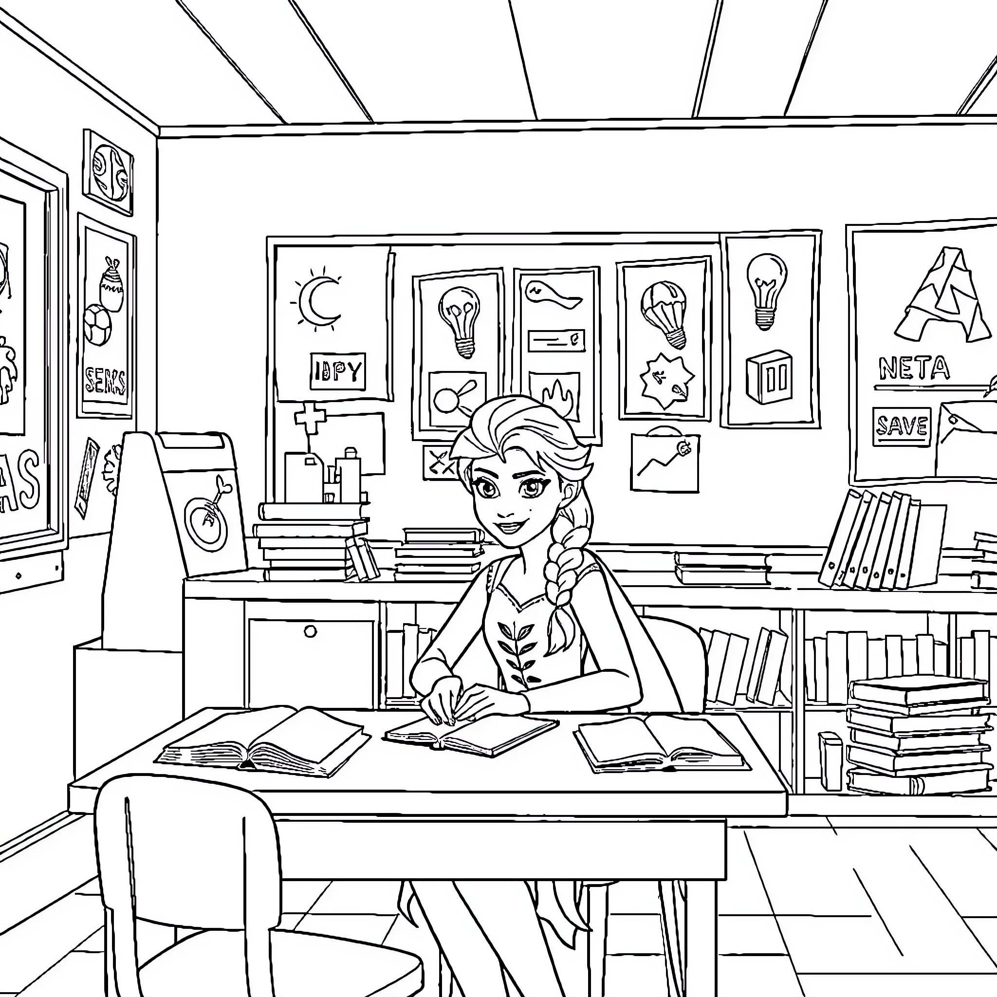 Elsa studying diligently in her cozy home workspace Coloring Page (free black-and-white line drawing printable PDF for all, from beginners to advanced learners, including children, teens, adults, and seniors)