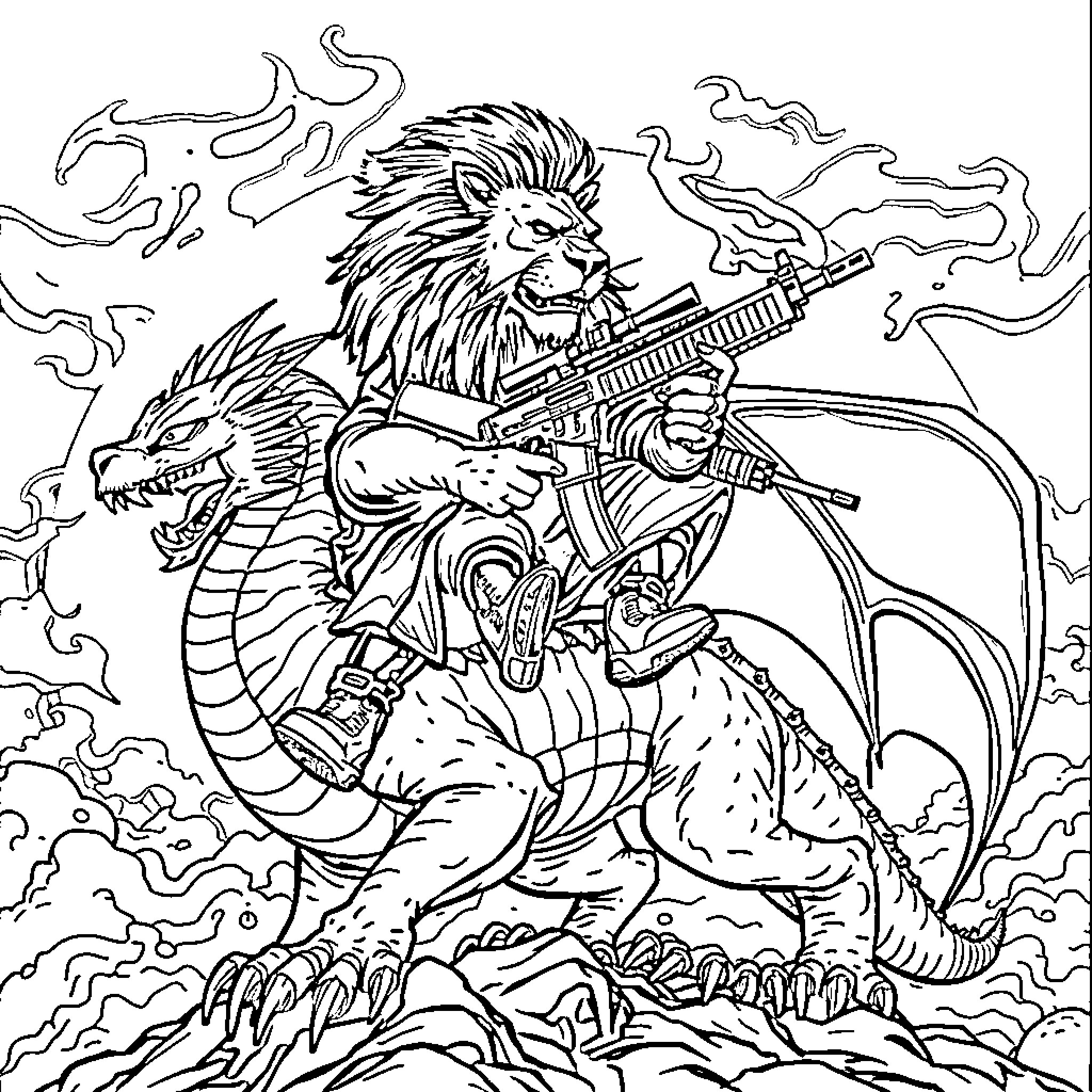 Lion warrior wielding a weapon amidst the flames Coloring Page (free black-and-white line drawing printable PDF for all, from beginners to advanced learners, including children, teens, adults, and seniors)