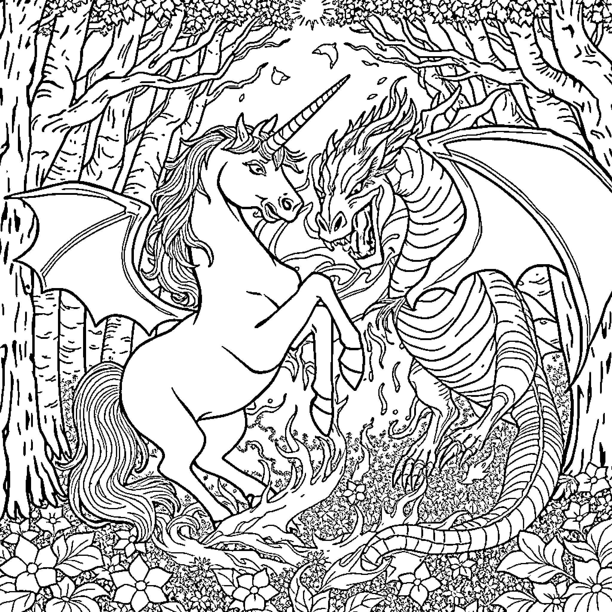 Unicorn battling a fierce dragon in a magical forest Coloring Page (free black-and-white line drawing printable PDF for all, from beginners to advanced learners, including children, teens, adults, and seniors)