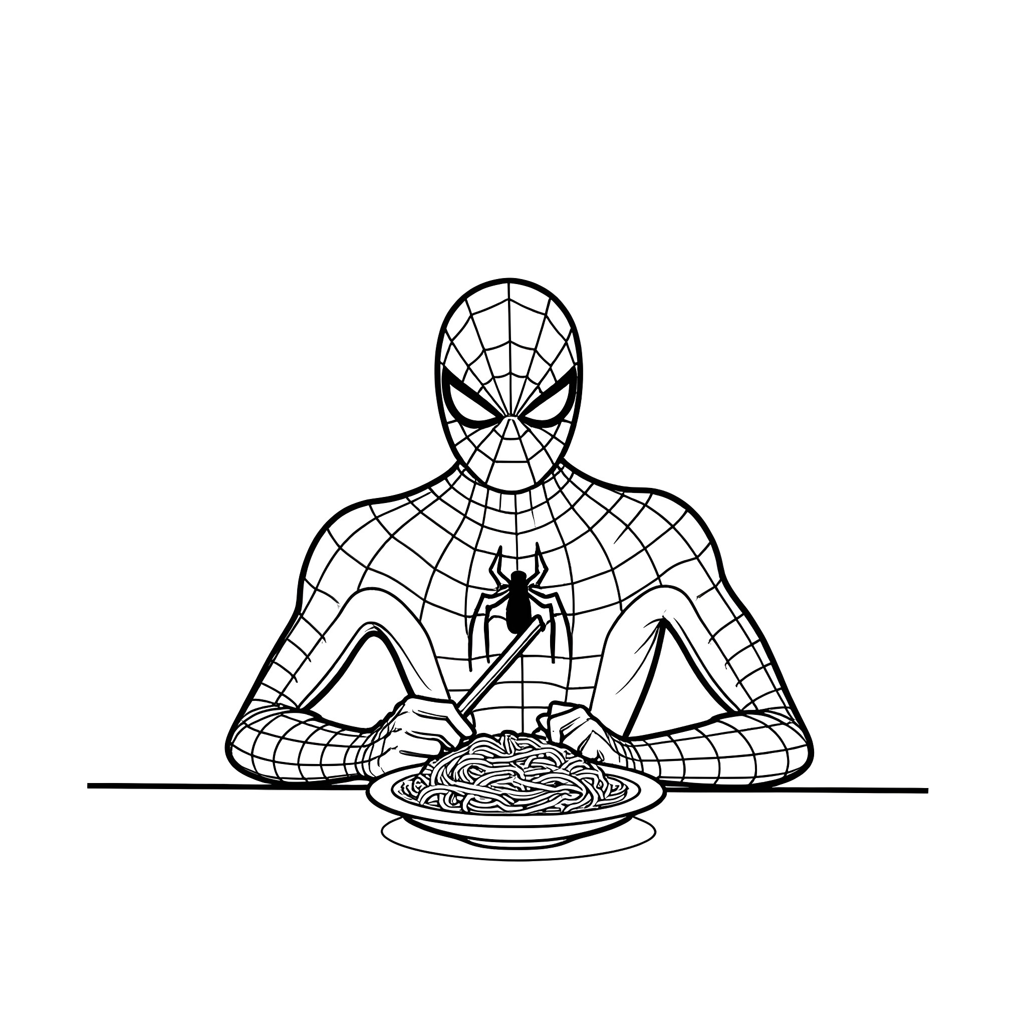 Spider-Man enjoying a meal Coloring Page (free black-and-white line drawing printable PDF for all, from beginners to advanced learners, including children, teens, adults, and seniors)