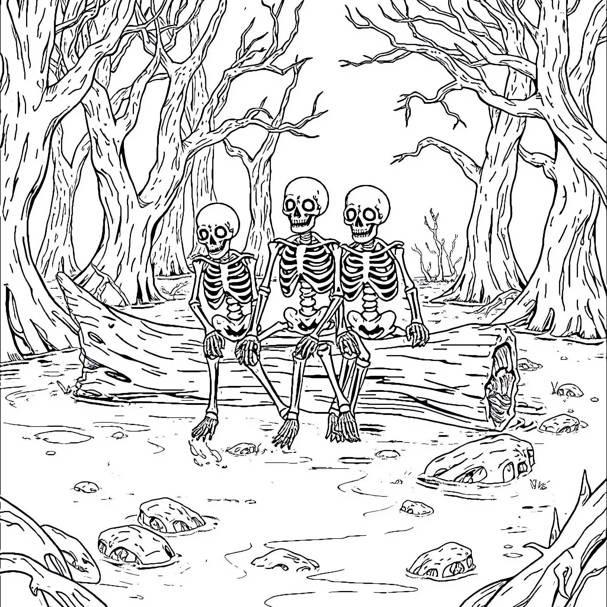 Skeleton friends wandering in the spooky forest Coloring Page (free black-and-white line drawing printable PDF for all, from beginners to advanced learners, including children, teens, adults, and seniors)