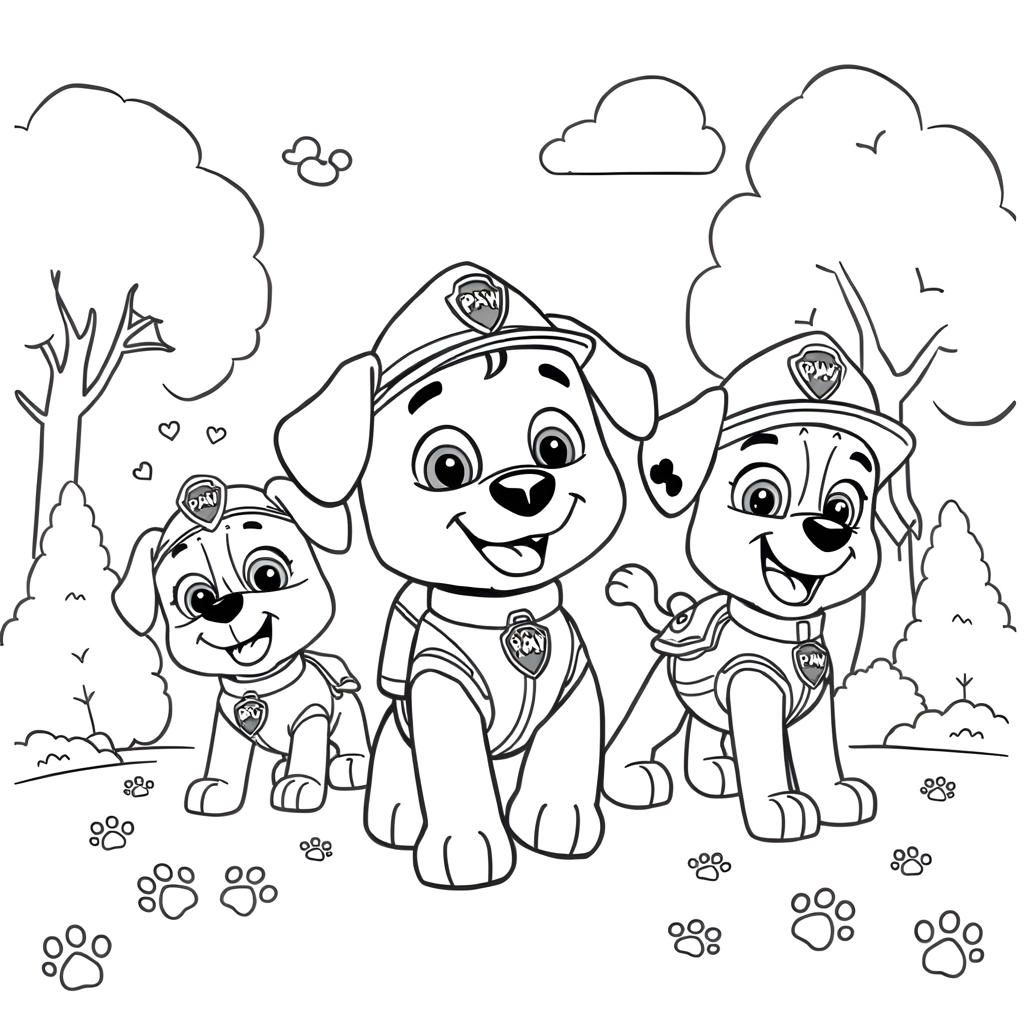 Duggee and the Paw Patrol pups playing in the park Coloring Page (free black-and-white line drawing printable PDF for all, from beginners to advanced learners, including children, teens, adults, and seniors)