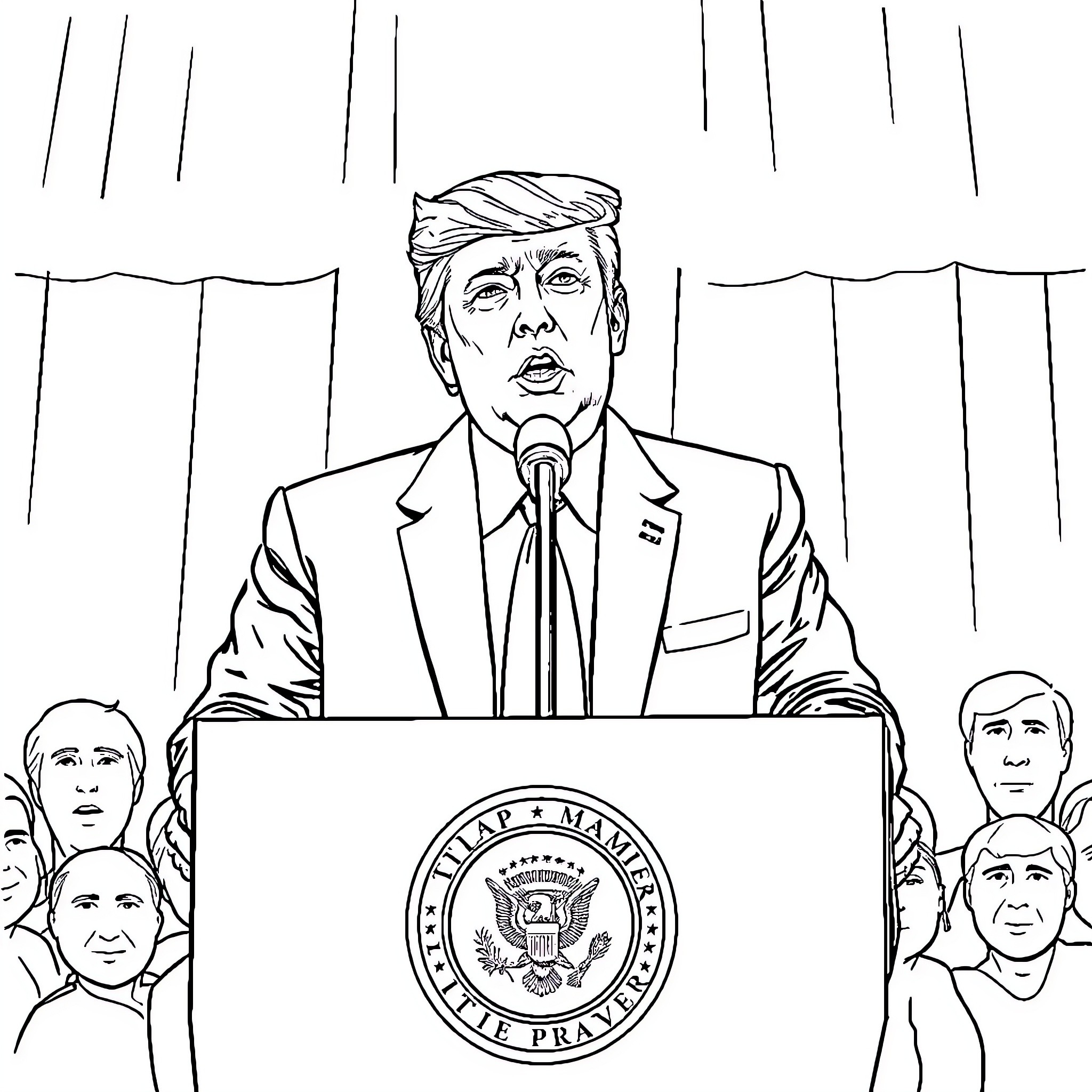 Donald Trump delivering a speech at the podium Coloring Page (free black-and-white line drawing printable PDF for all, from beginners to advanced learners, including children, teens, adults, and seniors)