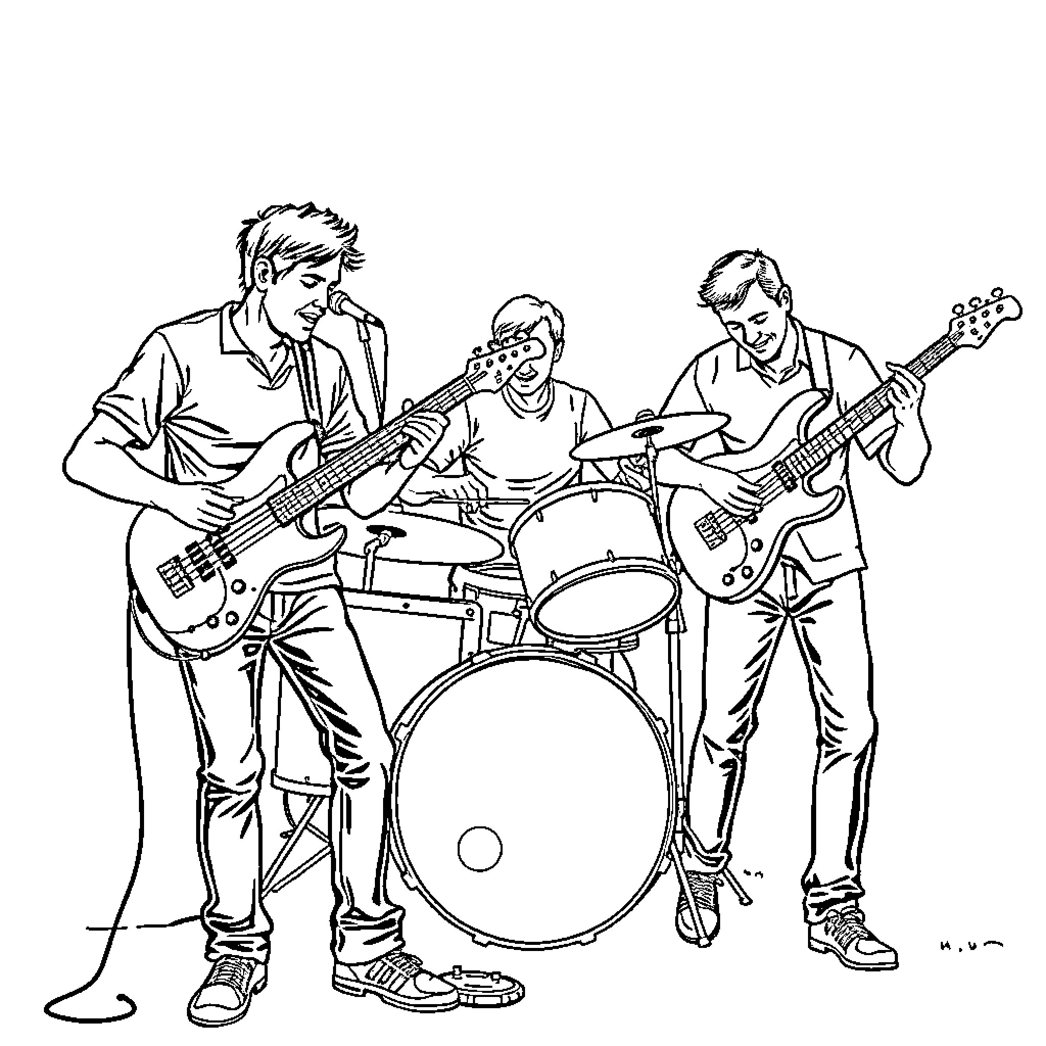 Band performing on stage with instruments Coloring Page (free black-and-white line drawing printable PDF for all, from beginners to advanced learners, including children, teens, adults, and seniors)