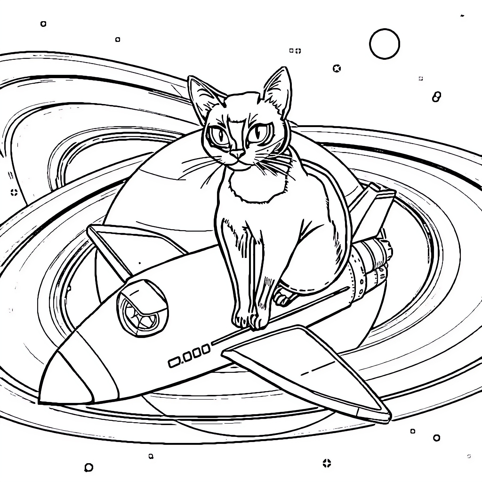 Cat exploring a cosmic landscape Coloring Page (free black-and-white line drawing printable PDF for all, from beginners to advanced learners, including children, teens, adults, and seniors)