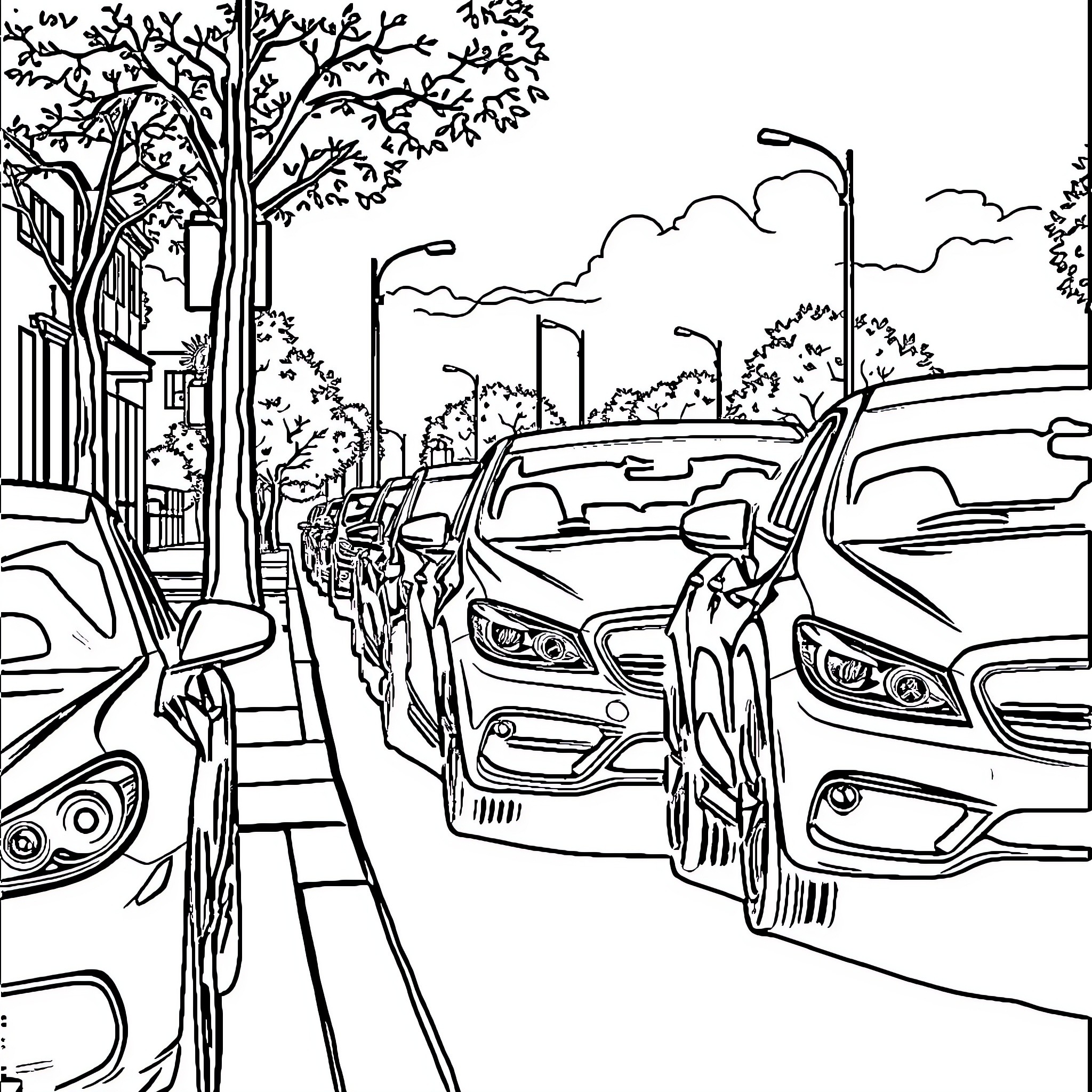 Car traffic in urban environment with trees Coloring Page (free black-and-white line drawing printable PDF for all, from beginners to advanced learners, including children, teens, adults, and seniors)