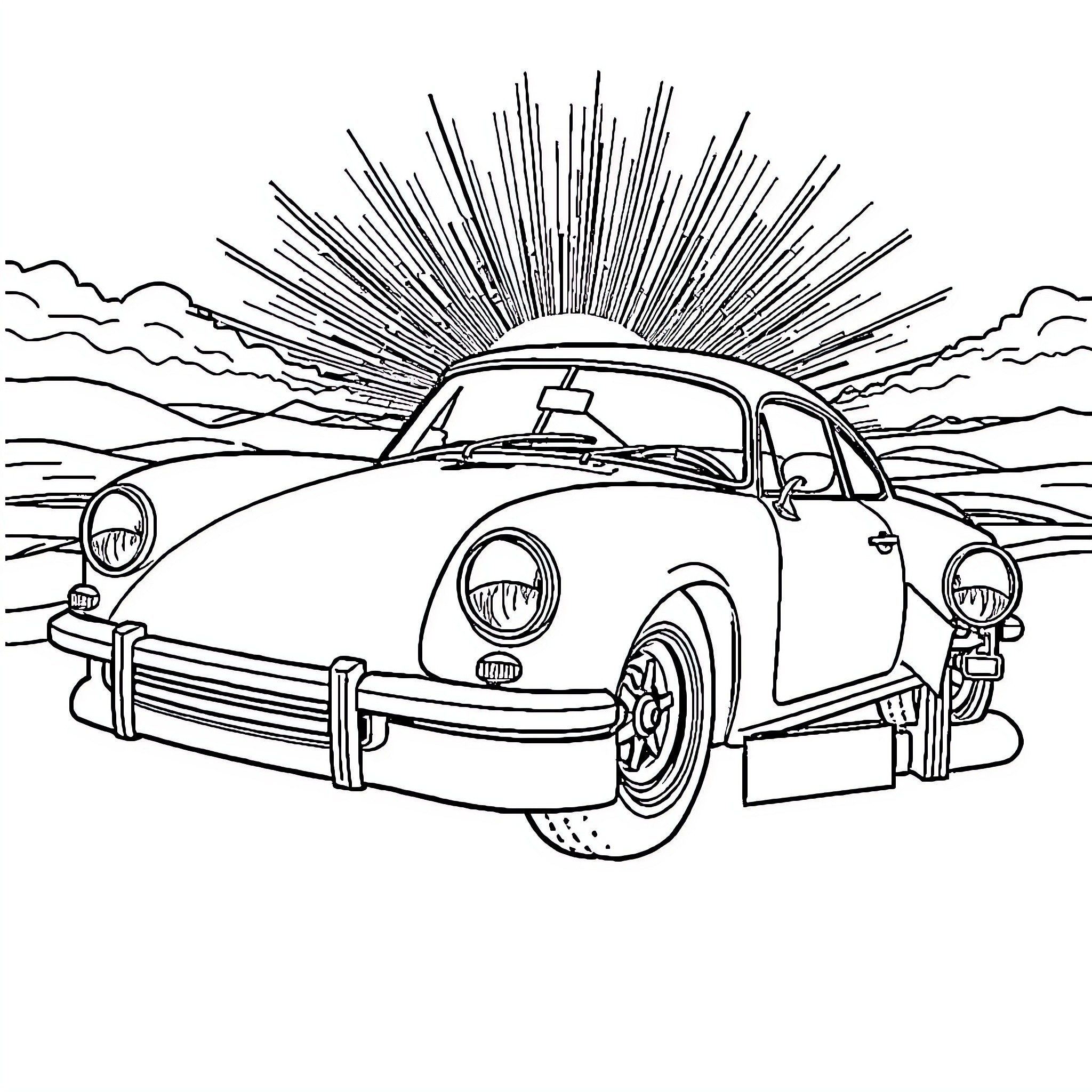 Car in Retro Scenic Landscape Coloring Page (free black-and-white line drawing printable PDF for all, from beginners to advanced learners, including children, teens, adults, and seniors)