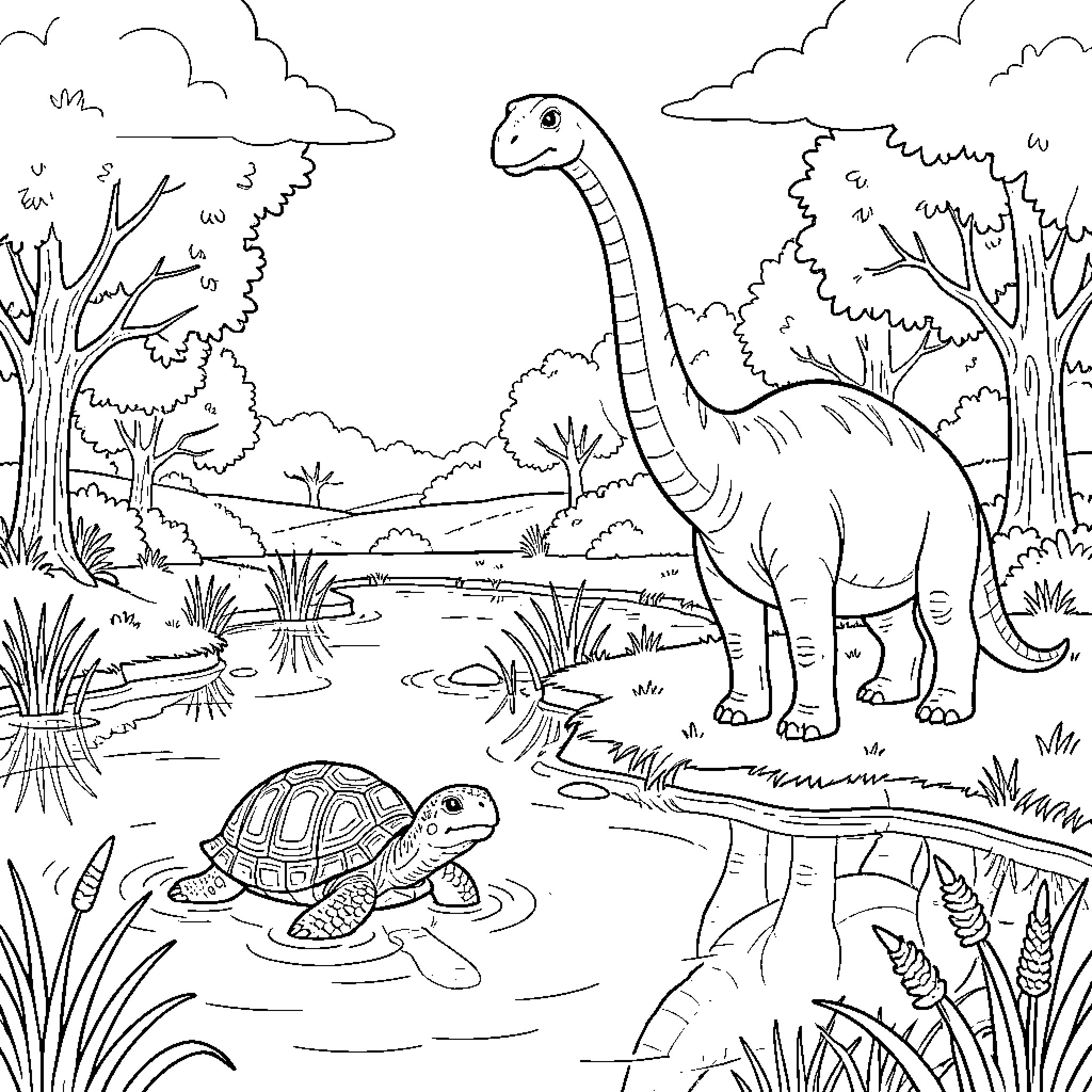 Turtle swimming in a pond near a dinosaur Coloring Page (free black-and-white line drawing printable PDF for all, from beginners to advanced learners, including children, teens, adults, and seniors)