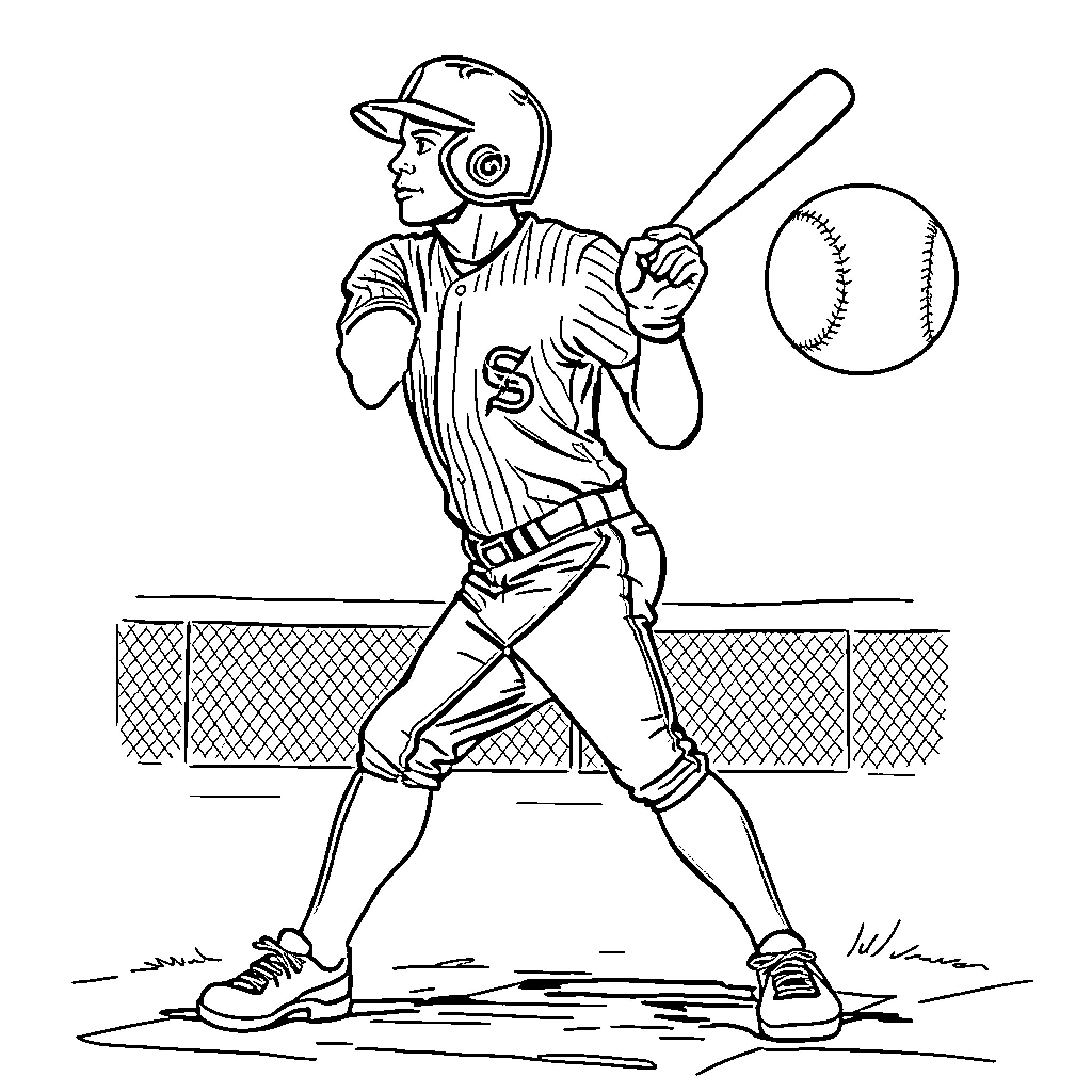 Juan Soto Batting in Baseball Game Coloring Page (free black-and-white line drawing printable PDF for all, from beginners to advanced learners, including children, teens, adults, and seniors)