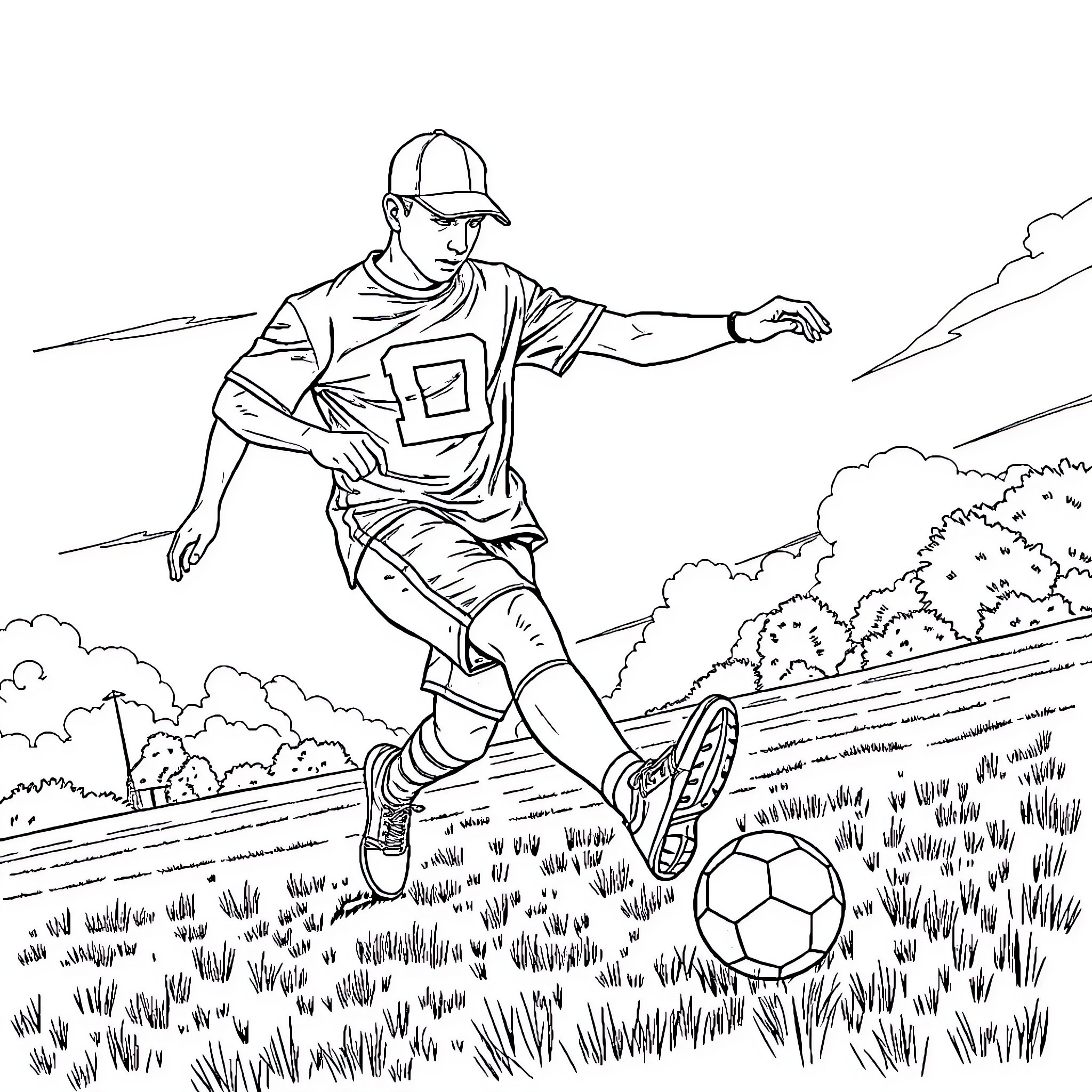 Eminem plays soccer on a grassy field Coloring Page (free black-and-white line drawing printable PDF for all, from beginners to advanced learners, including children, teens, adults, and seniors)