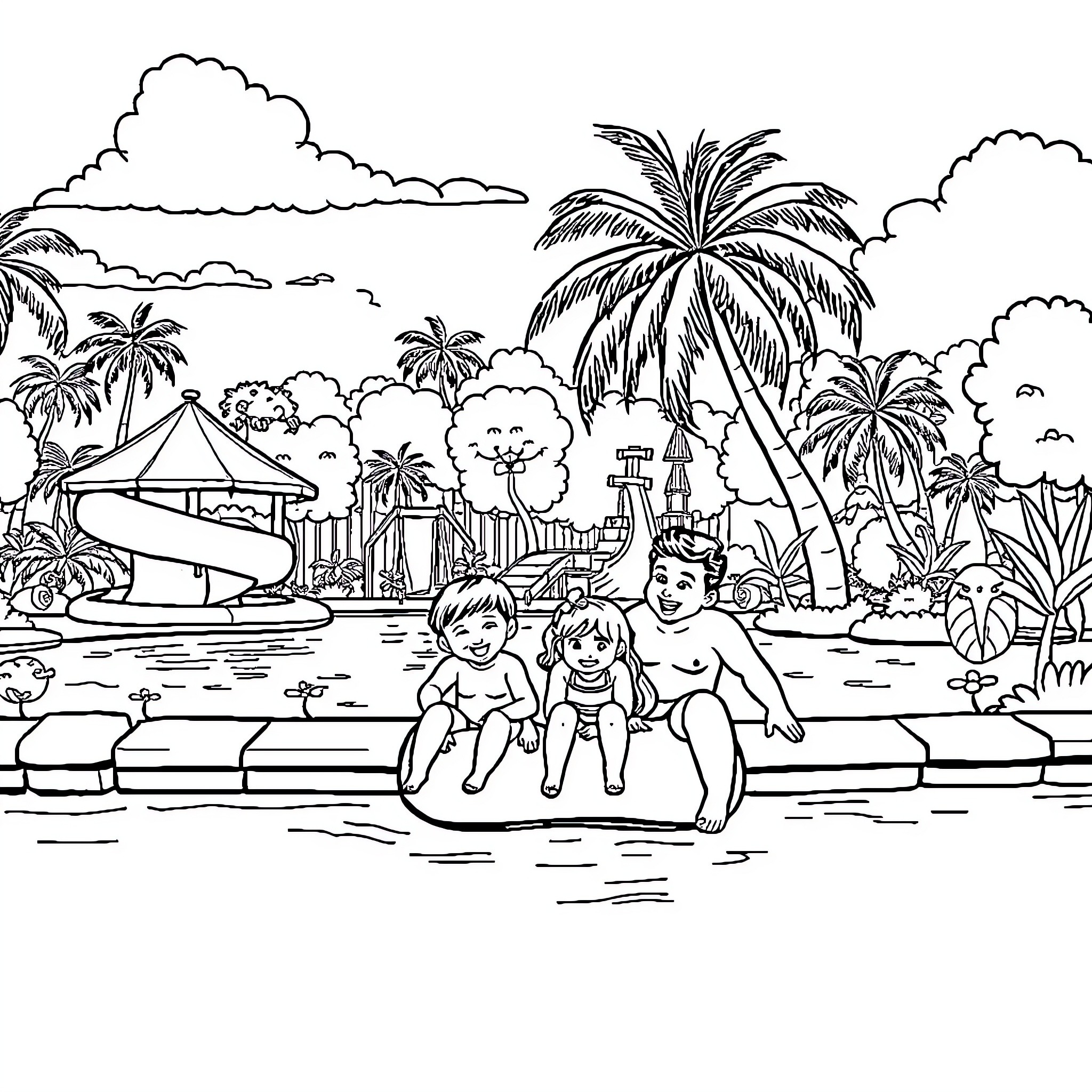 Family enjoying a day at the beach with palm trees Coloring Page (free black-and-white line drawing printable PDF for all, from beginners to advanced learners, including children, teens, adults, and seniors)