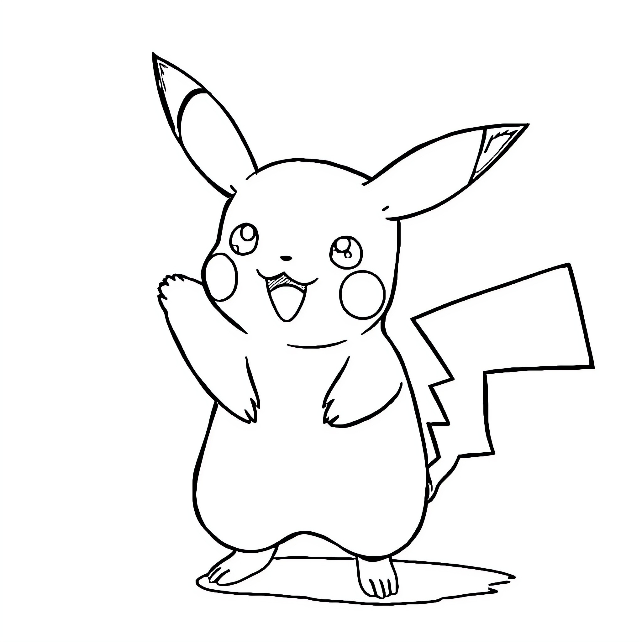 Pikachu waving happily Coloring Page (free black-and-white line drawing printable PDF for all, from beginners to advanced learners, including children, teens, adults, and seniors)
