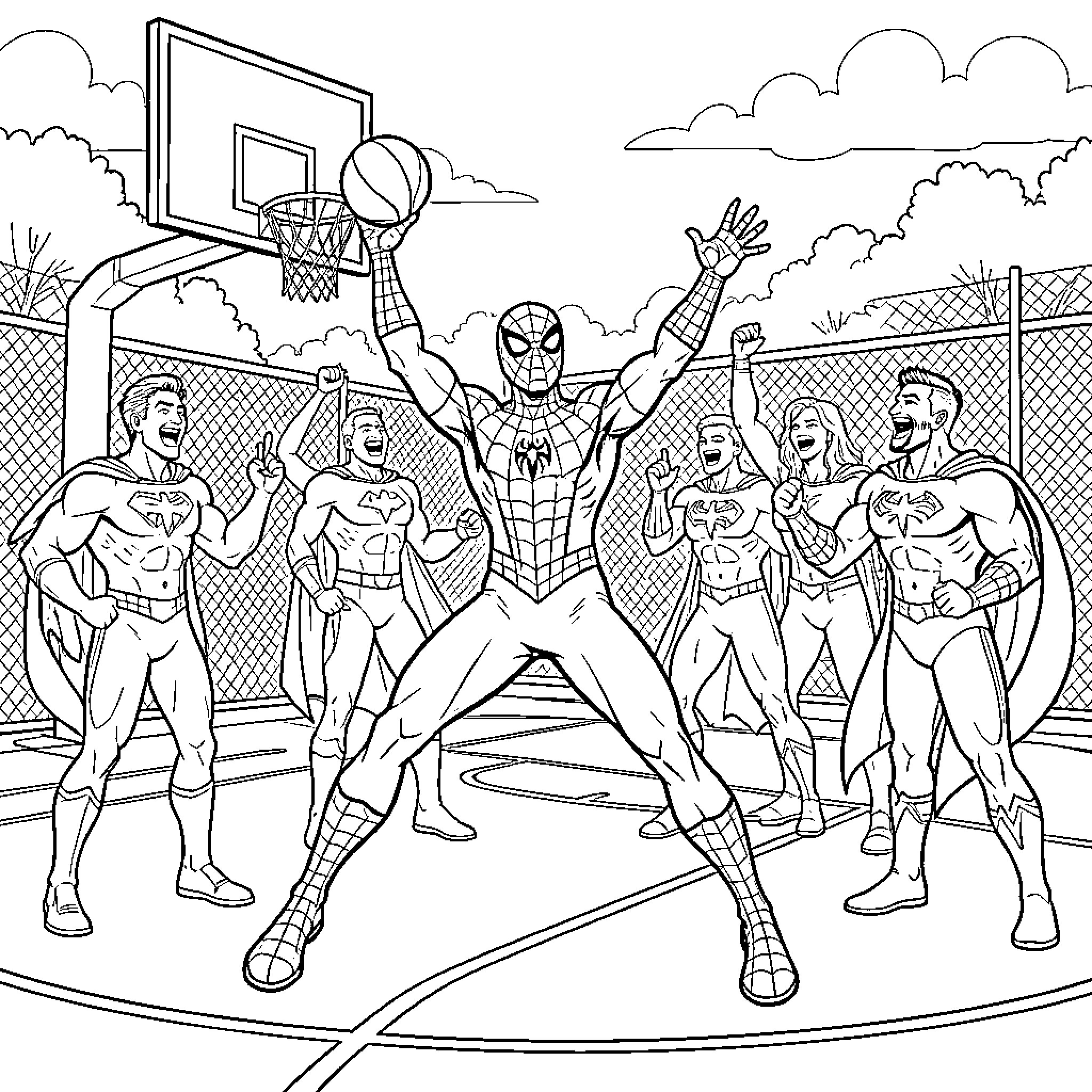 Spiderman jumping to dunk a basketball on the court Coloring Page (free black-and-white line drawing printable PDF for all, from beginners to advanced learners, including children, teens, adults, and seniors)