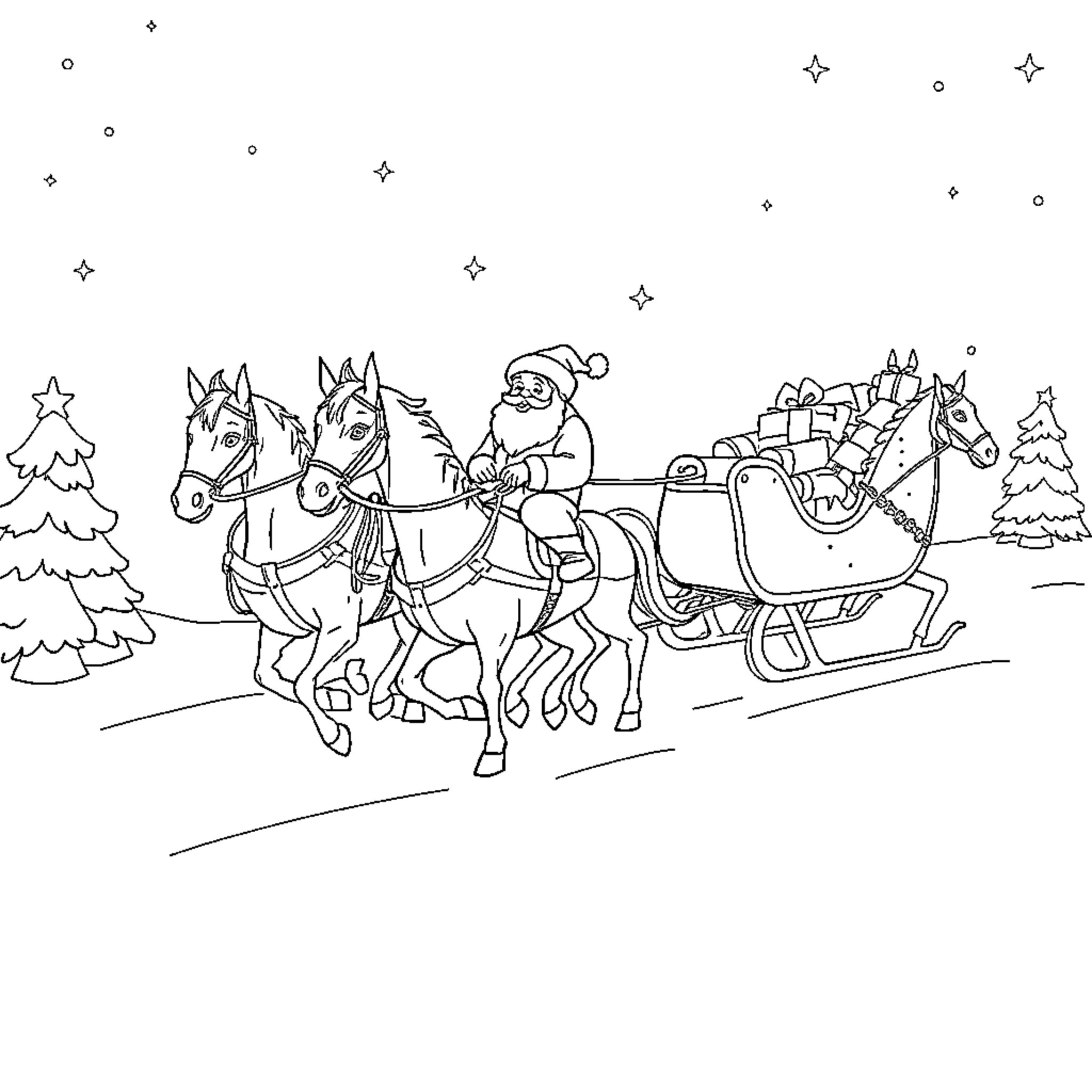 SantaHorse riding sleigh with presents through snowy landscape Coloring Page (free black-and-white line drawing printable PDF for all, from beginners to advanced learners, including children, teens, adults, and seniors)
