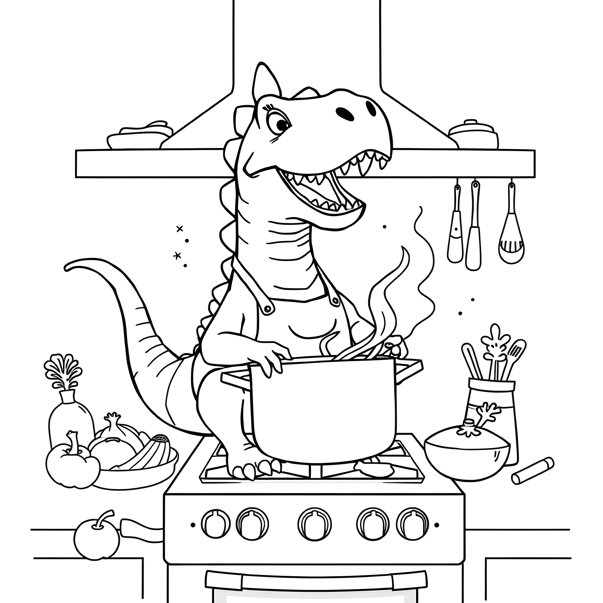Dinosaur cooking a meal in the kitchen Coloring Page (free black-and-white line drawing printable PDF for all, from beginners to advanced learners, including children, teens, adults, and seniors)